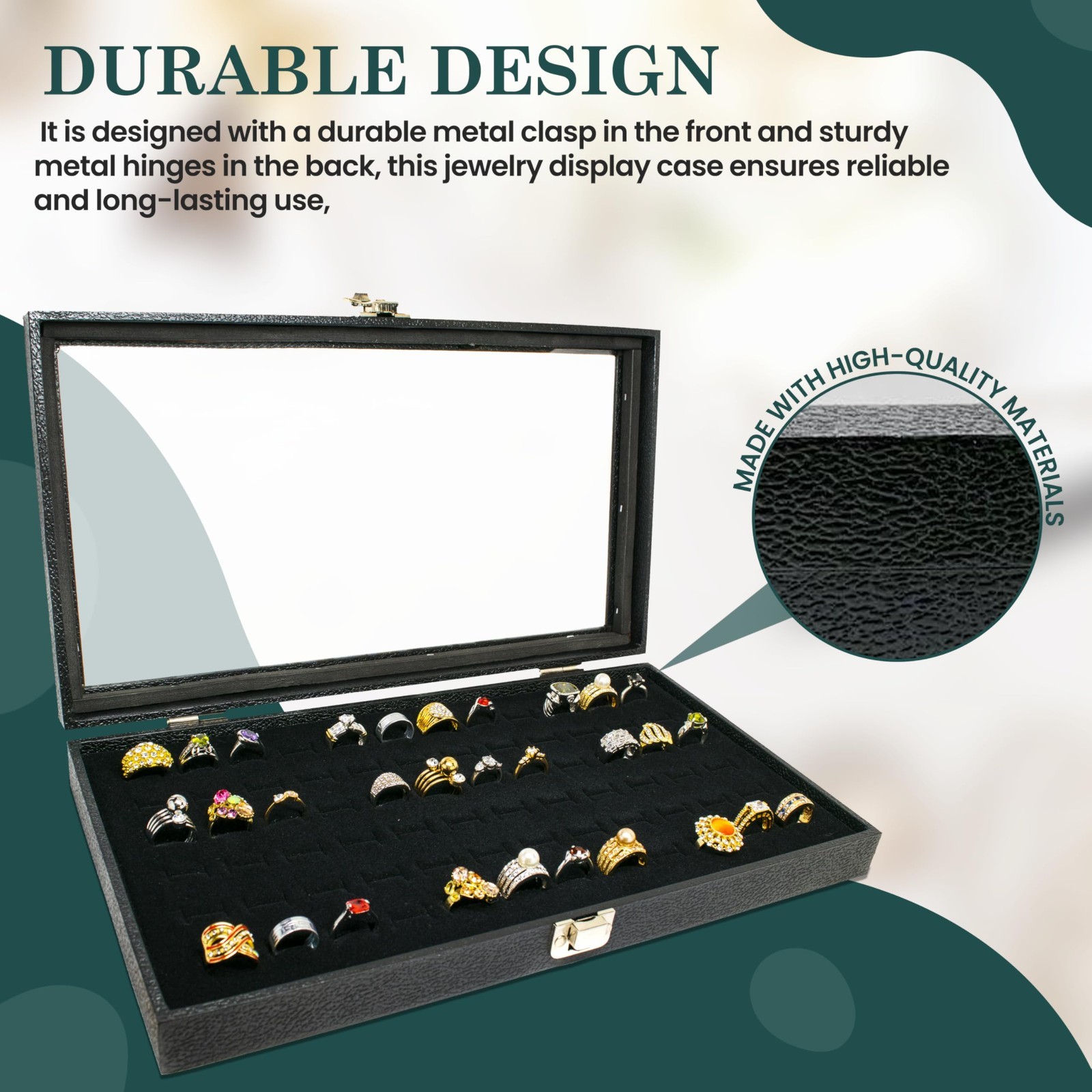 Glass Top Lid 72 Ring Black Showcase Jewelry Display Storage Organizer Box Case