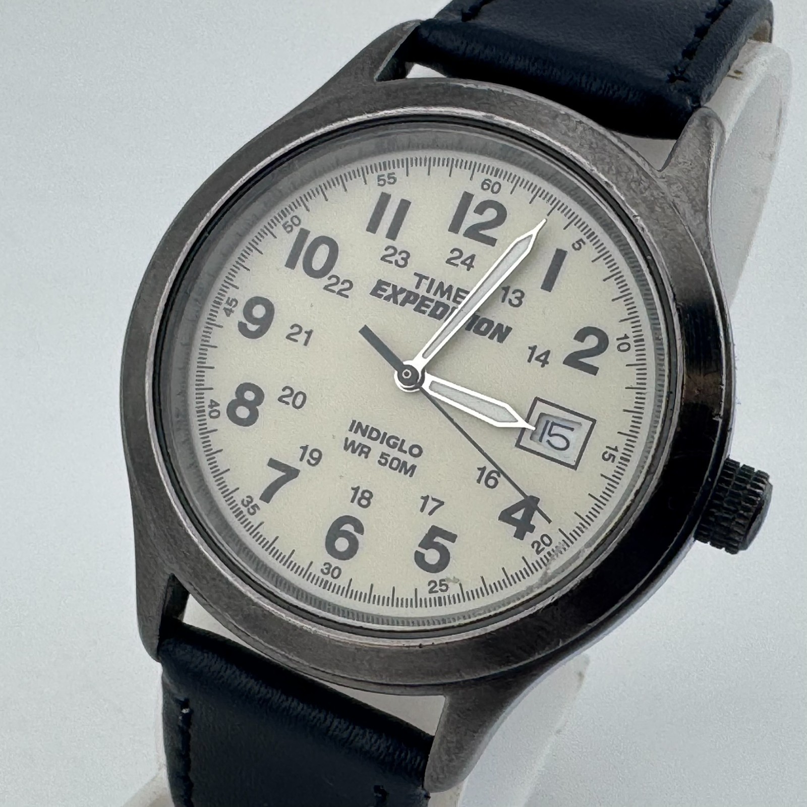 Timex Expedition Indiglo Quartz Watch Men Black Leather Date Analog New Battery