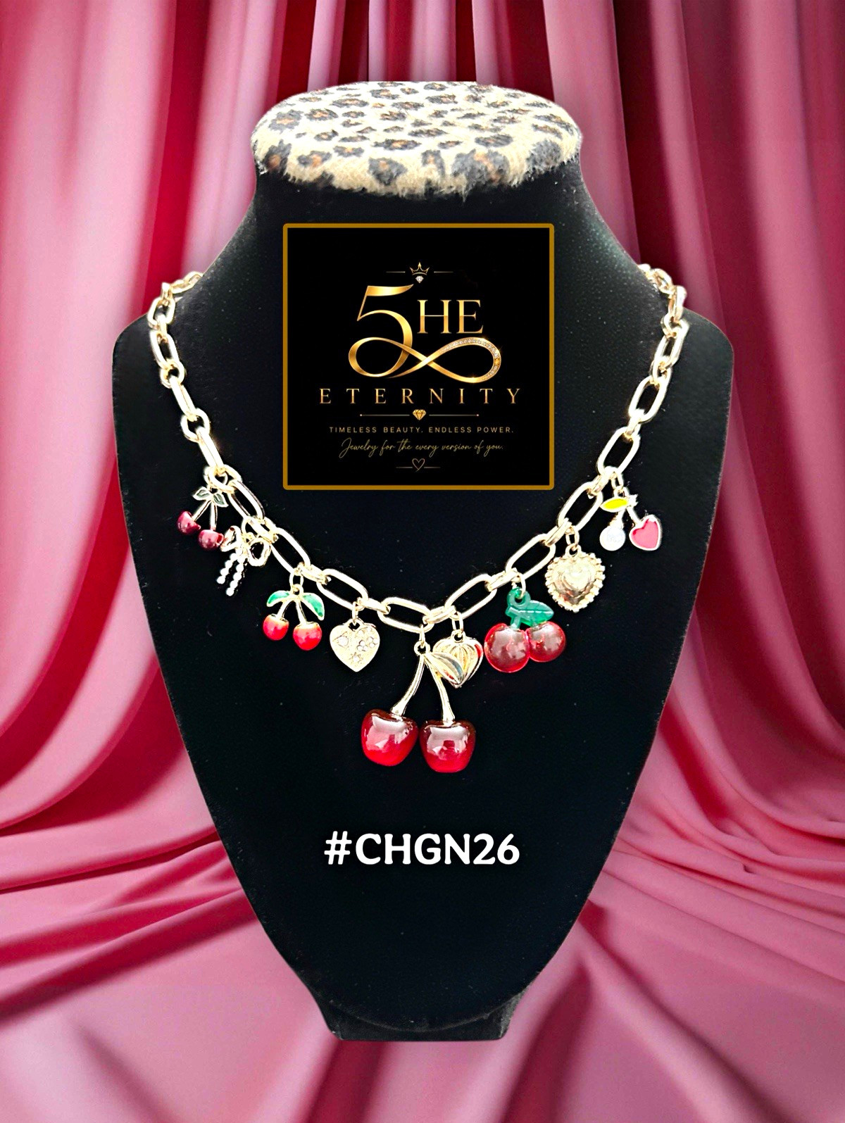 Gold Tone Enamel Cherry Fruit Charm Dangle Cable Chain Necklace #CHGN26