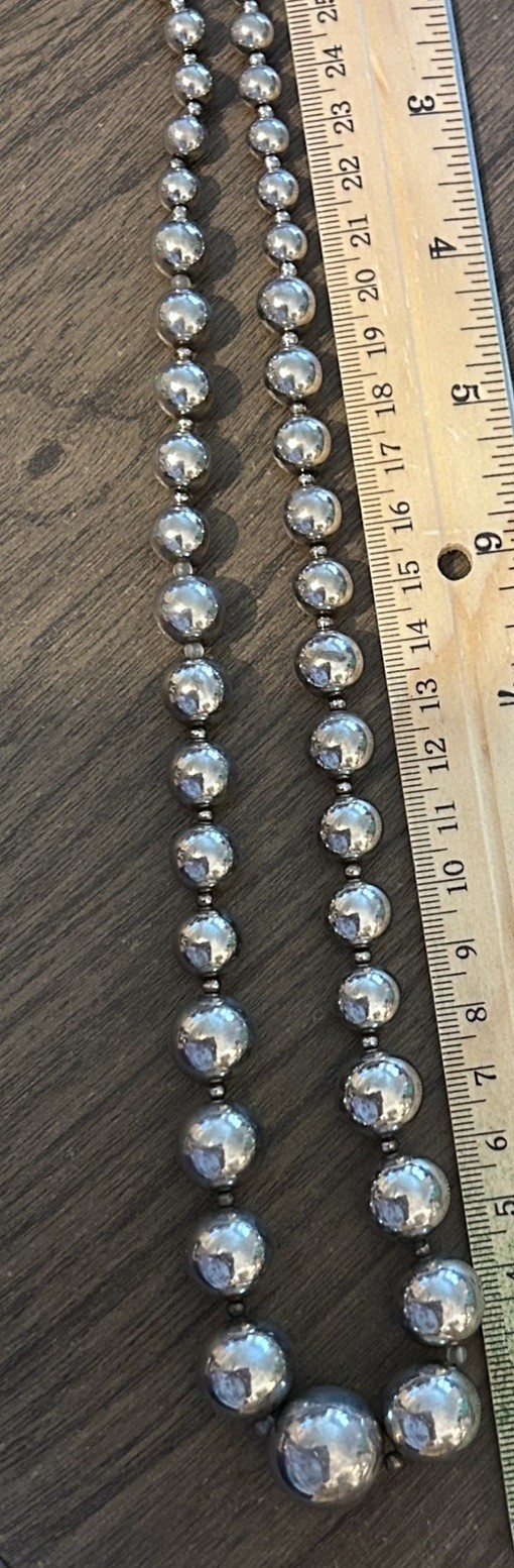 Graduated Bead Silver Tone Necklace Round Beads Approx 24” Lobster Clasp Korea