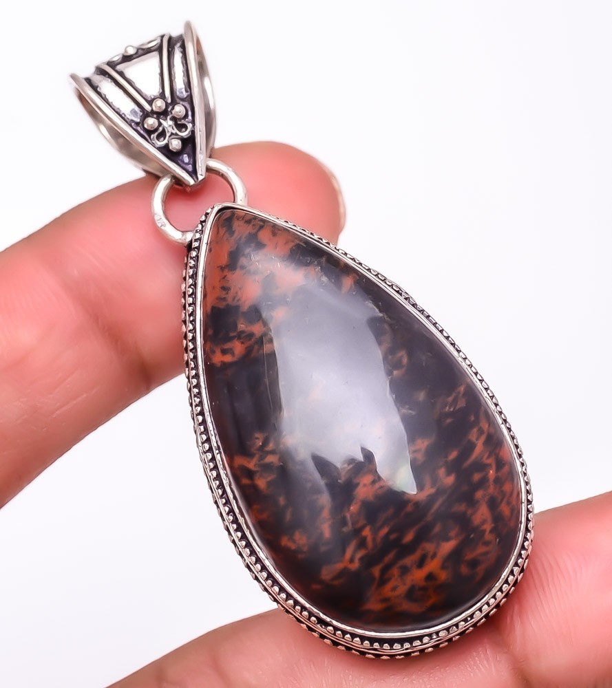 Natural Mahogany Obsidian Gemstone 925 Silver Plated Jewelry Pendant 2.2″ S780