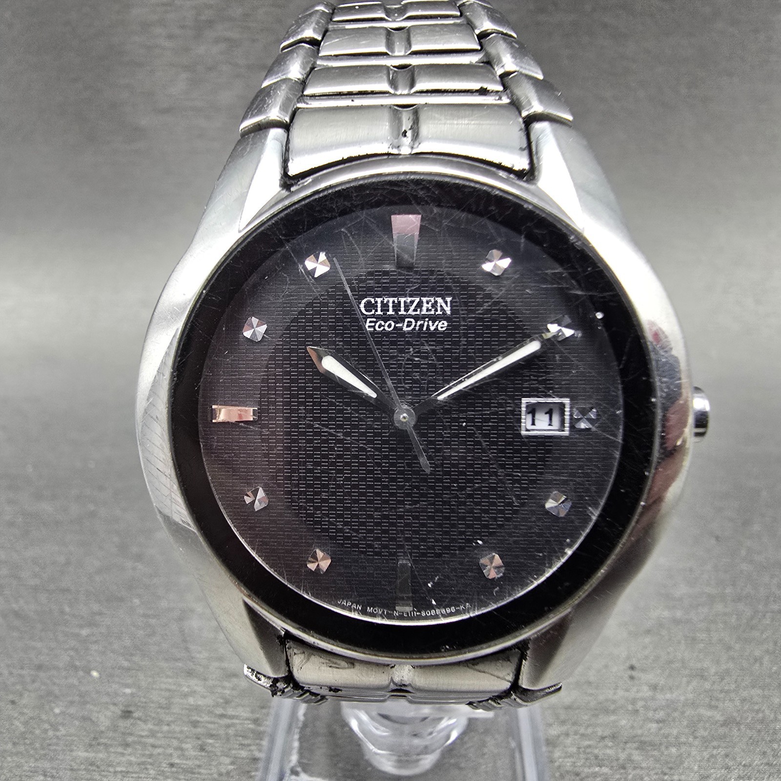 Citizen Eco-Drive Watch Men 37mm Black Dial Silver Tone Date E111-S058481 Runs