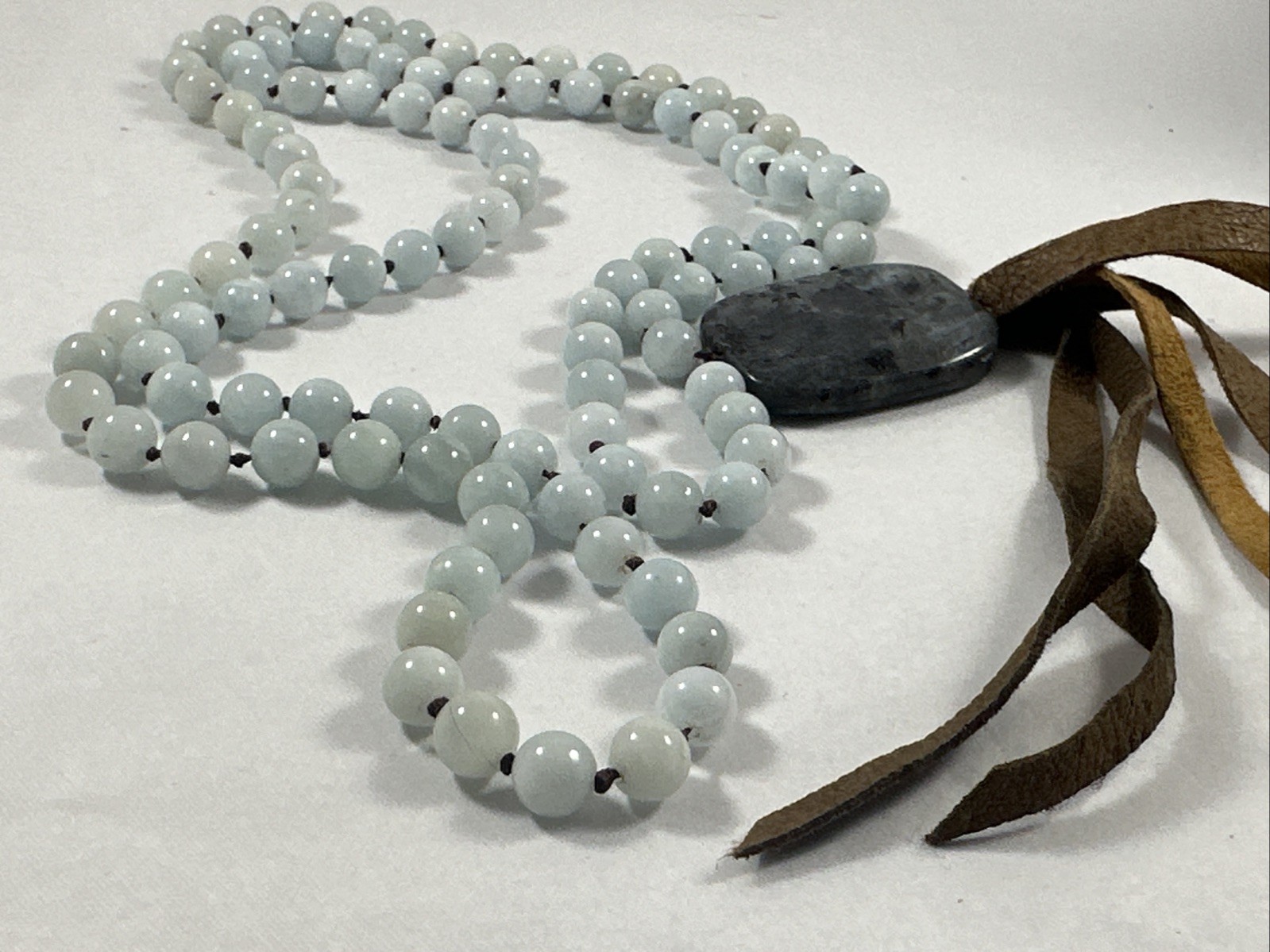 Silver Shimmer Larvikite Pendant ~ Hand Knotted Snowy Jade Beads 26″ Necklace