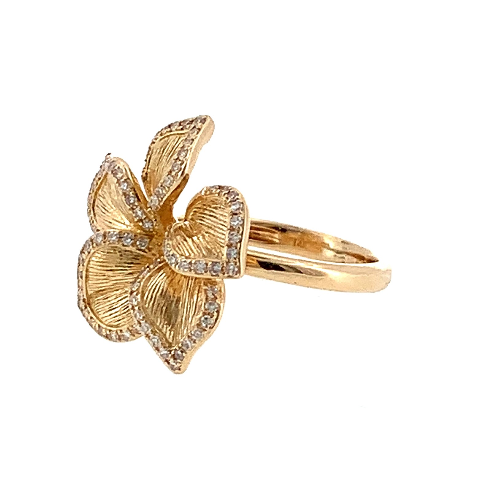 EFFY 14K Gold Pave Round Diamond Accent 5-Petals Ribbed Flower Statement Ring