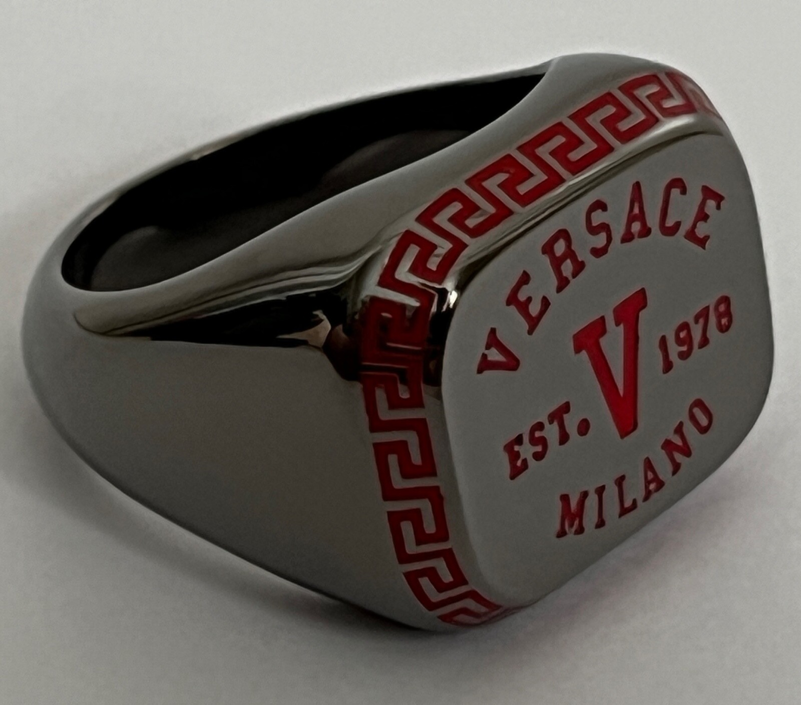 NIB Versace Varsity Red V Greek Key Logo Ruthenium Signet Ring Sz 17 US 8 $495
