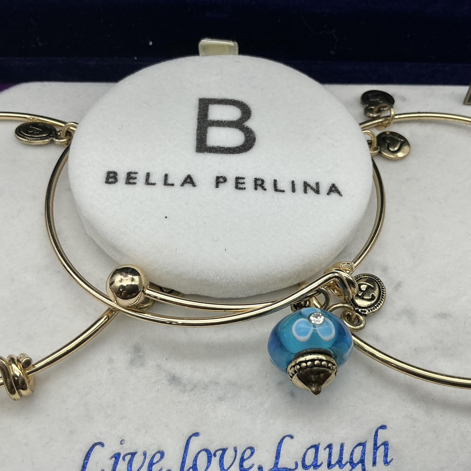 Bella Perlina Bracelet Set Gold Tone Blue Glass Charm Live Love Laugh Womens