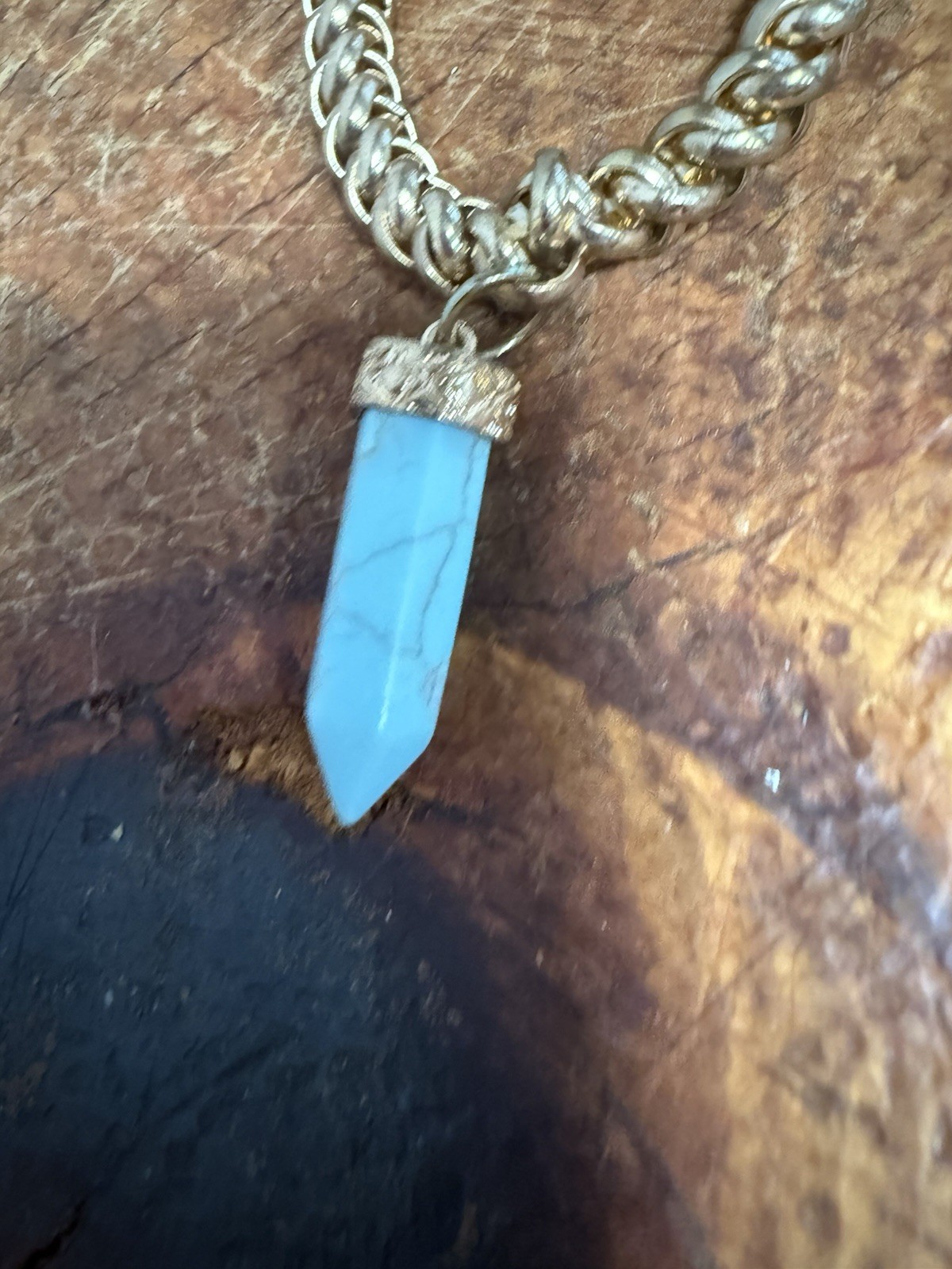 Gold Tone Curb Link Chain Bracelet, Blue Hexagon Stone, Dangle Charm