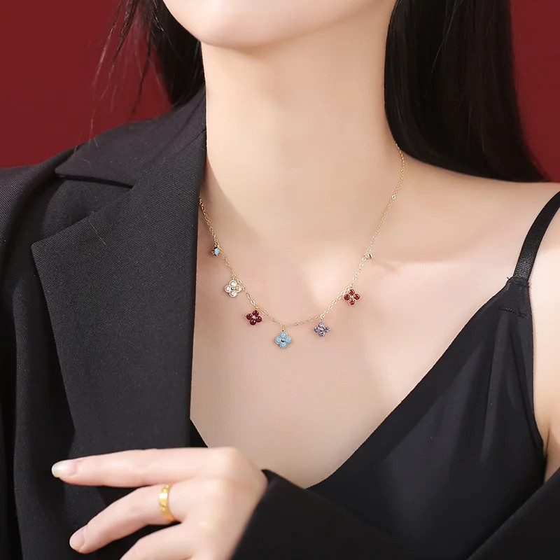925 Sterling Silver Colorful AAA CZ Gold Clover Necklace Women Elegant Pendant