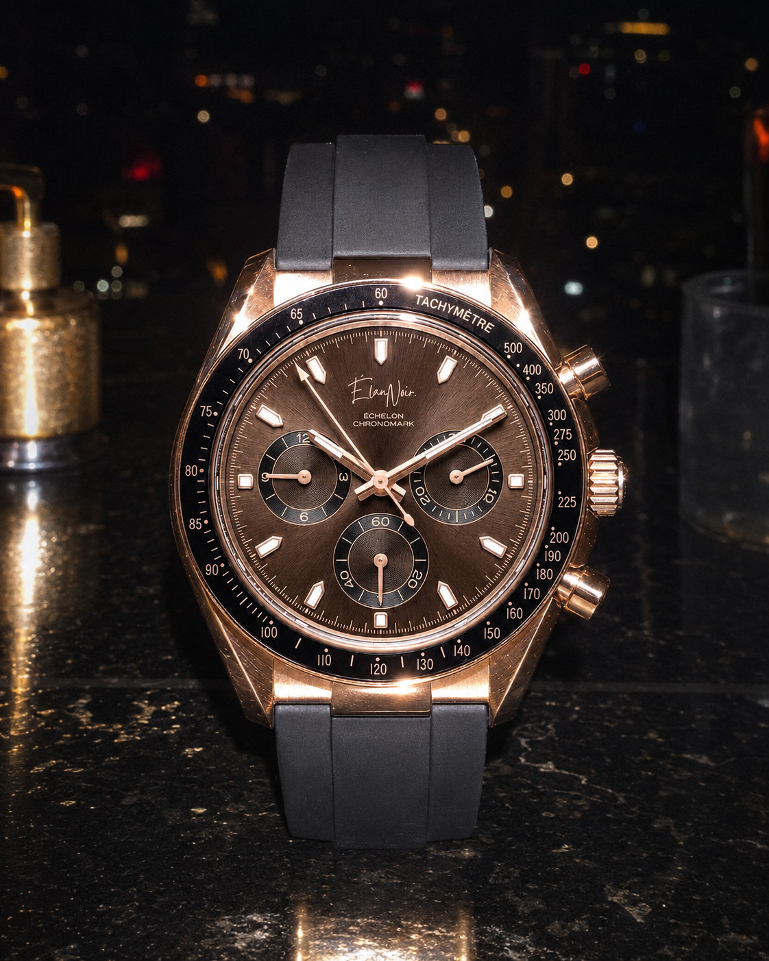 Élan Noir Chronograph Watch VK63 Brown Dial Rose Case SapphireCrystal Steel 40mm