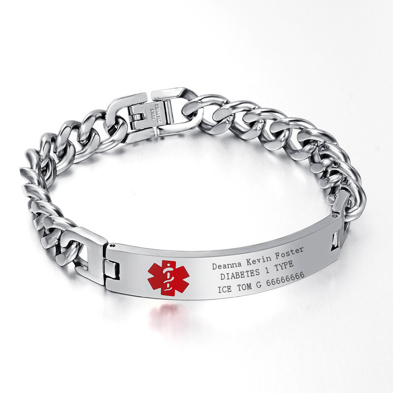 Men Medical Alert ID Chain Bracelet Wristband DIY Free Engraving Stainless Steel