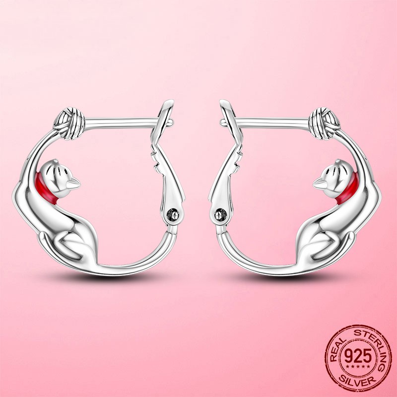 LAZA Original Woolline Ball Cat 925 Sterling Silver Hoop Earrings Women Jewelry