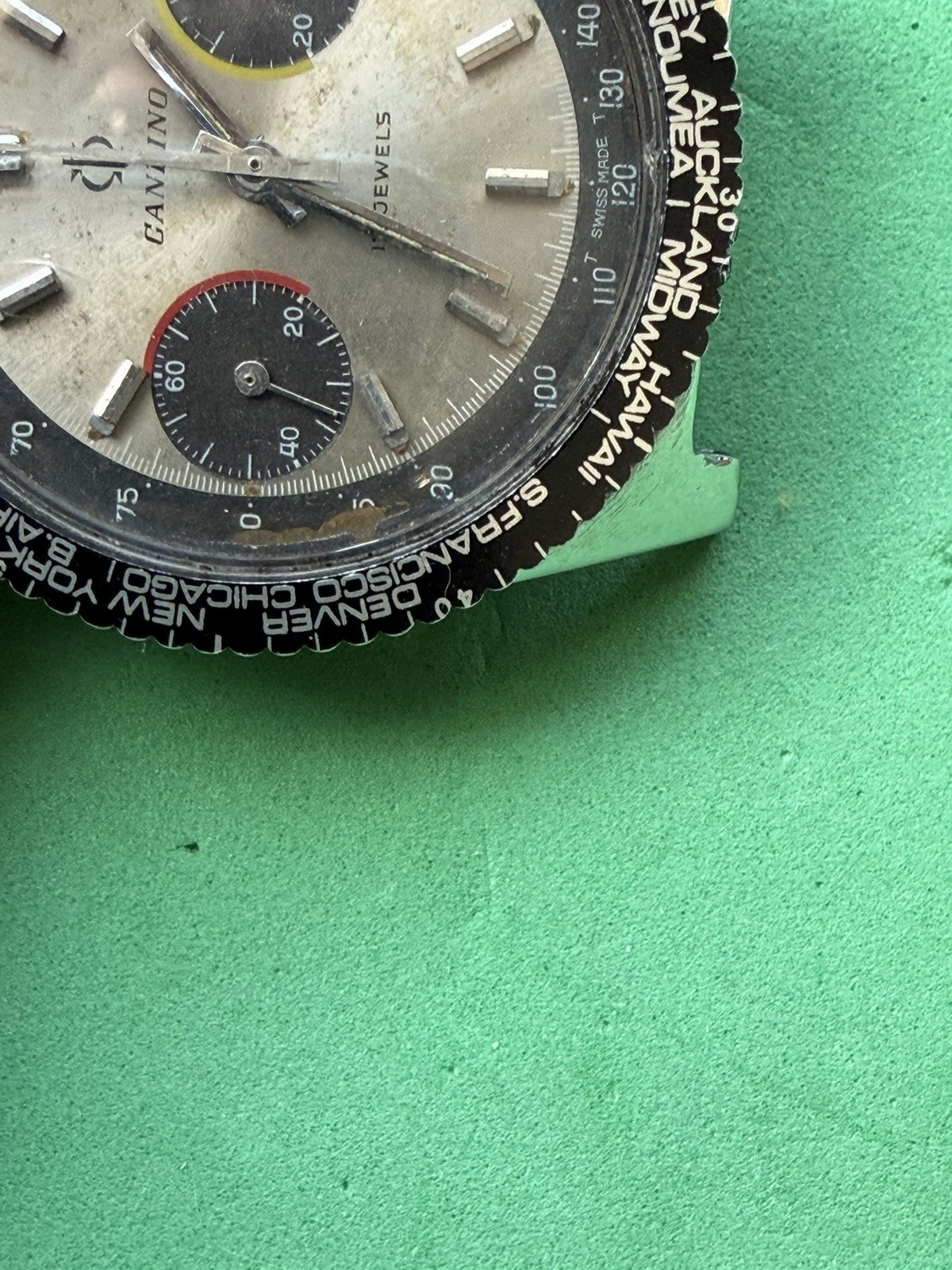 Vintage CANDINO PANDA Dial Chronograph World Time Bezel Valjoux 7733