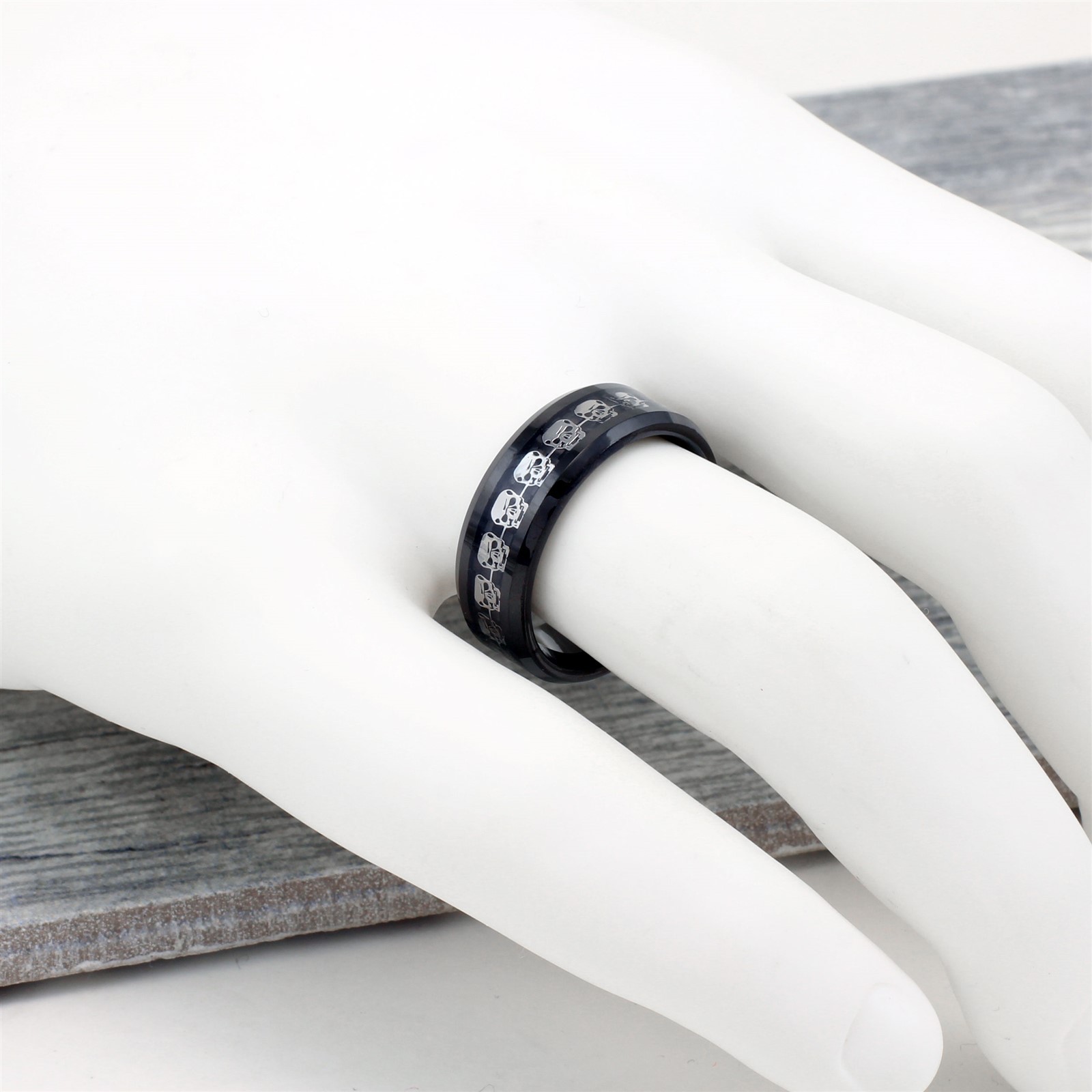 Black Tungsten Carbide Men’s Silver Skull over Carbon Fiber Wedding Band Ring