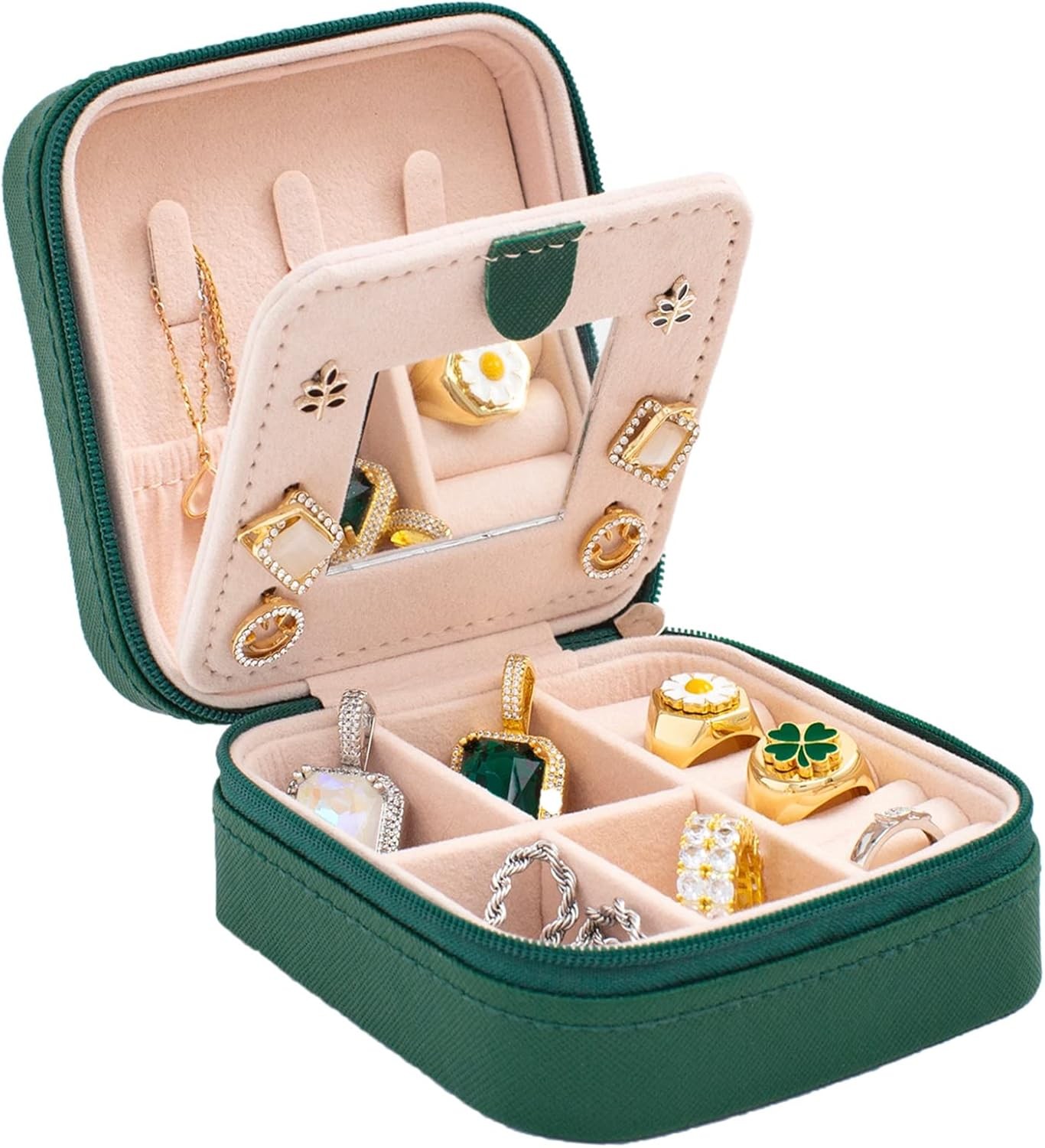 Travel Jewelry Organizer Small box Gift for Girls Women with Mirror(Green)