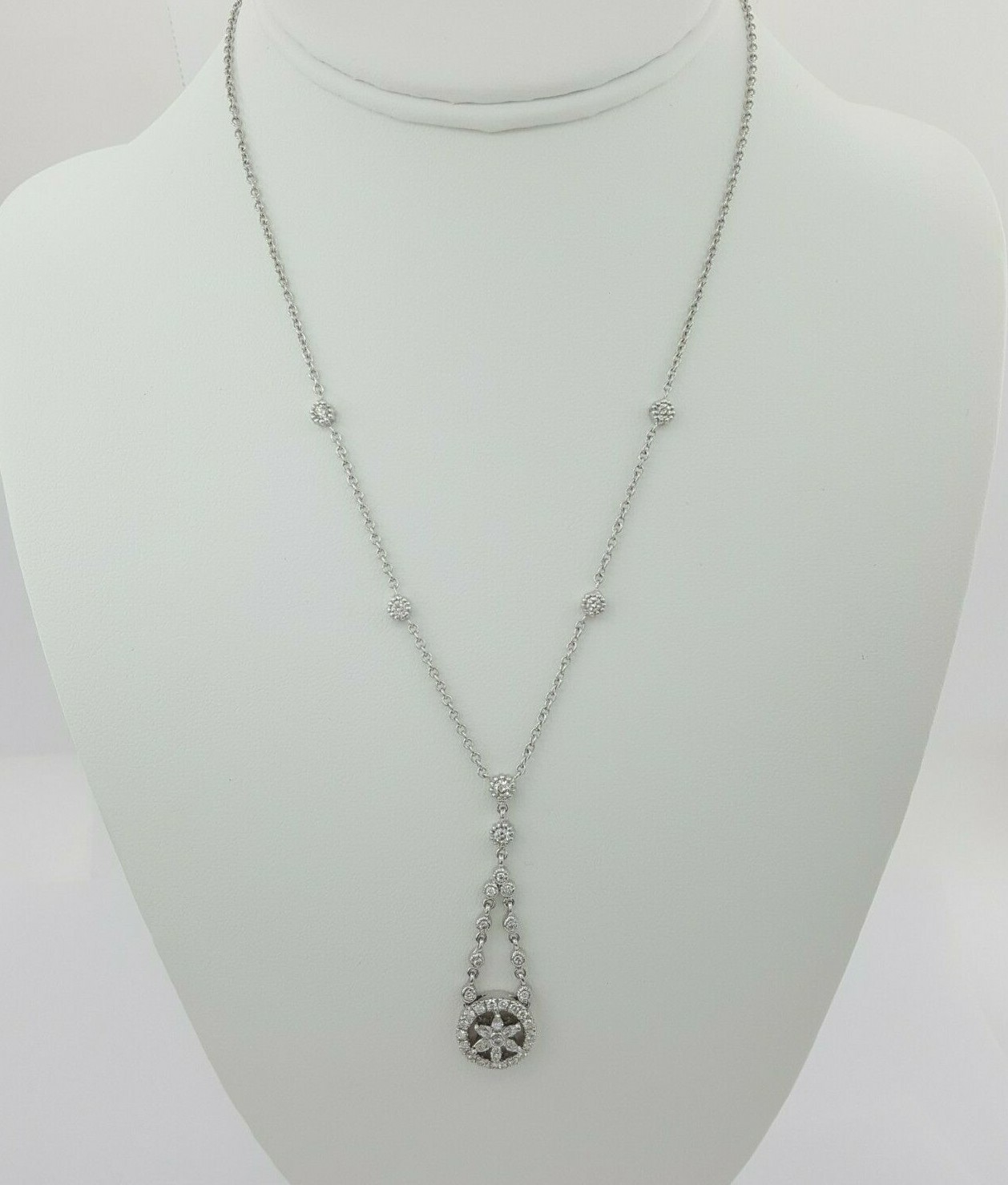 Round & Marquise Cut Diamond Drop Necklace 8.8 Grams 17″ 1.2 ct 14K White Gold