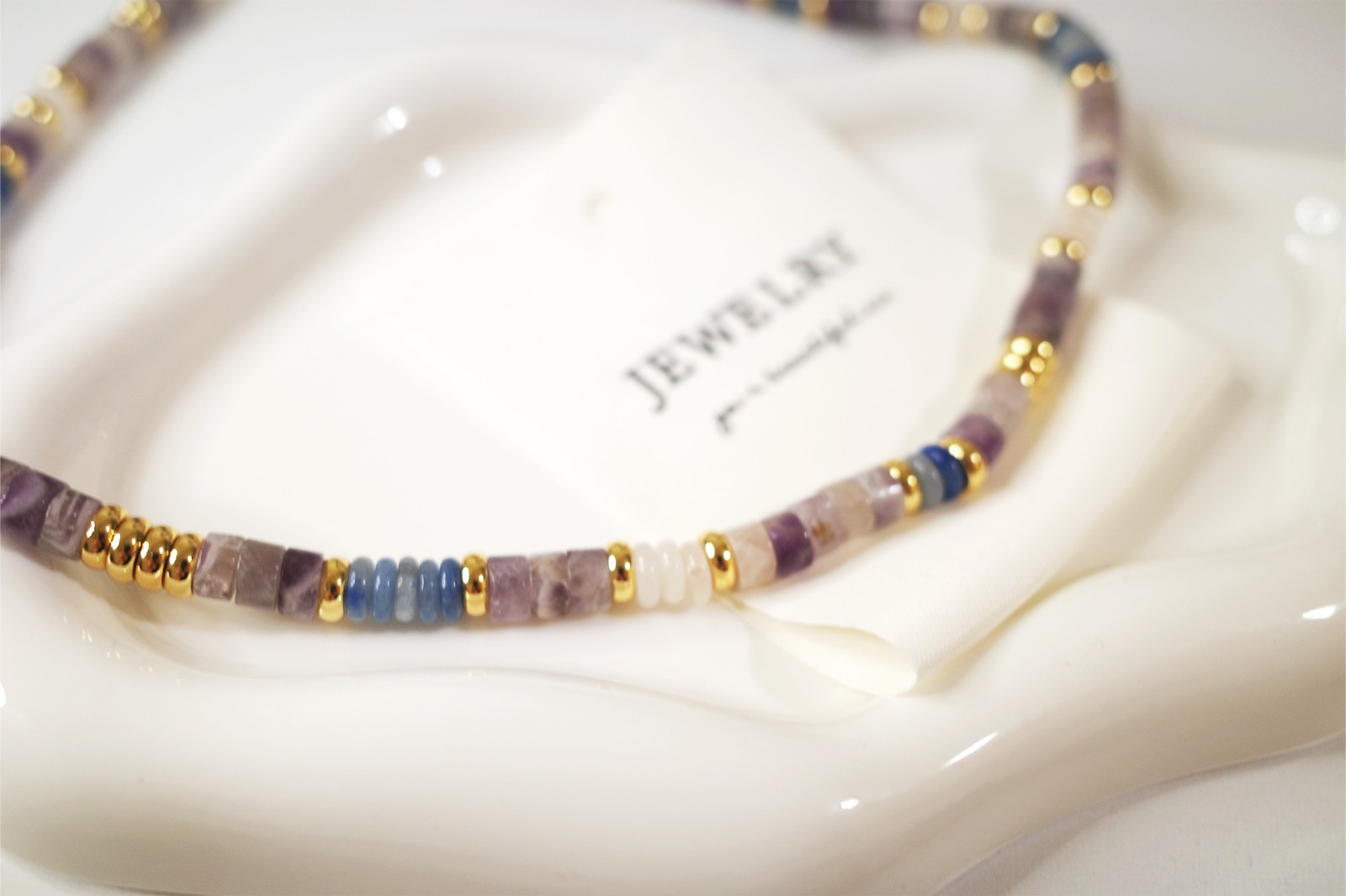 Layered Jade Necklace Set, Purple/Blue/White Beads, 18K Gold Plated, Handmade