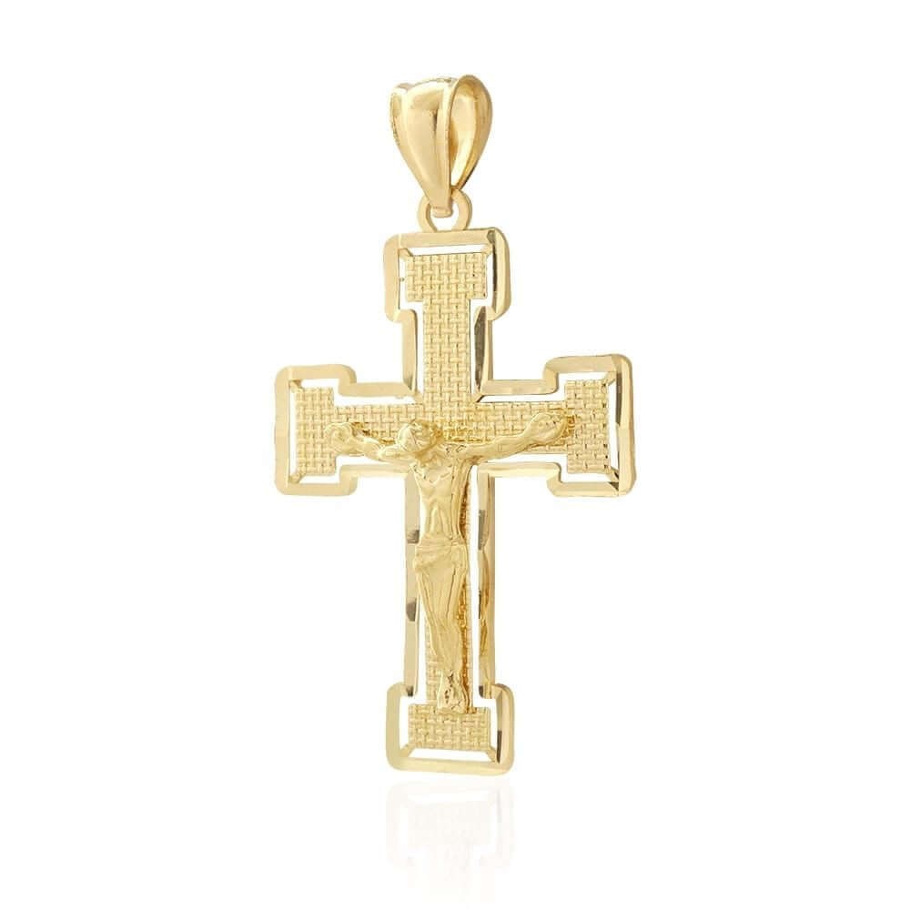 14K Yellow Gold Diamond-Cut Jesus Crucifix Religious Cross Pendant 1.6″