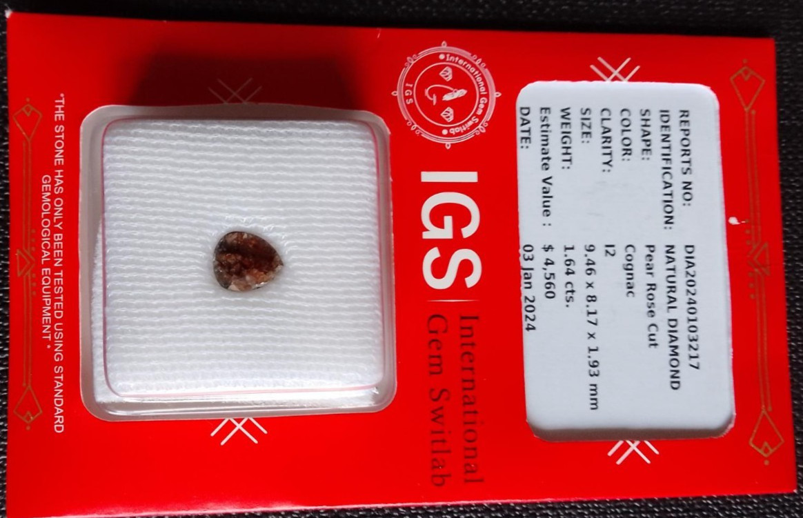 1.64ct Cognac Diamond, NATURAL PEAR ROSE CUT, new/sealed, IGS certified