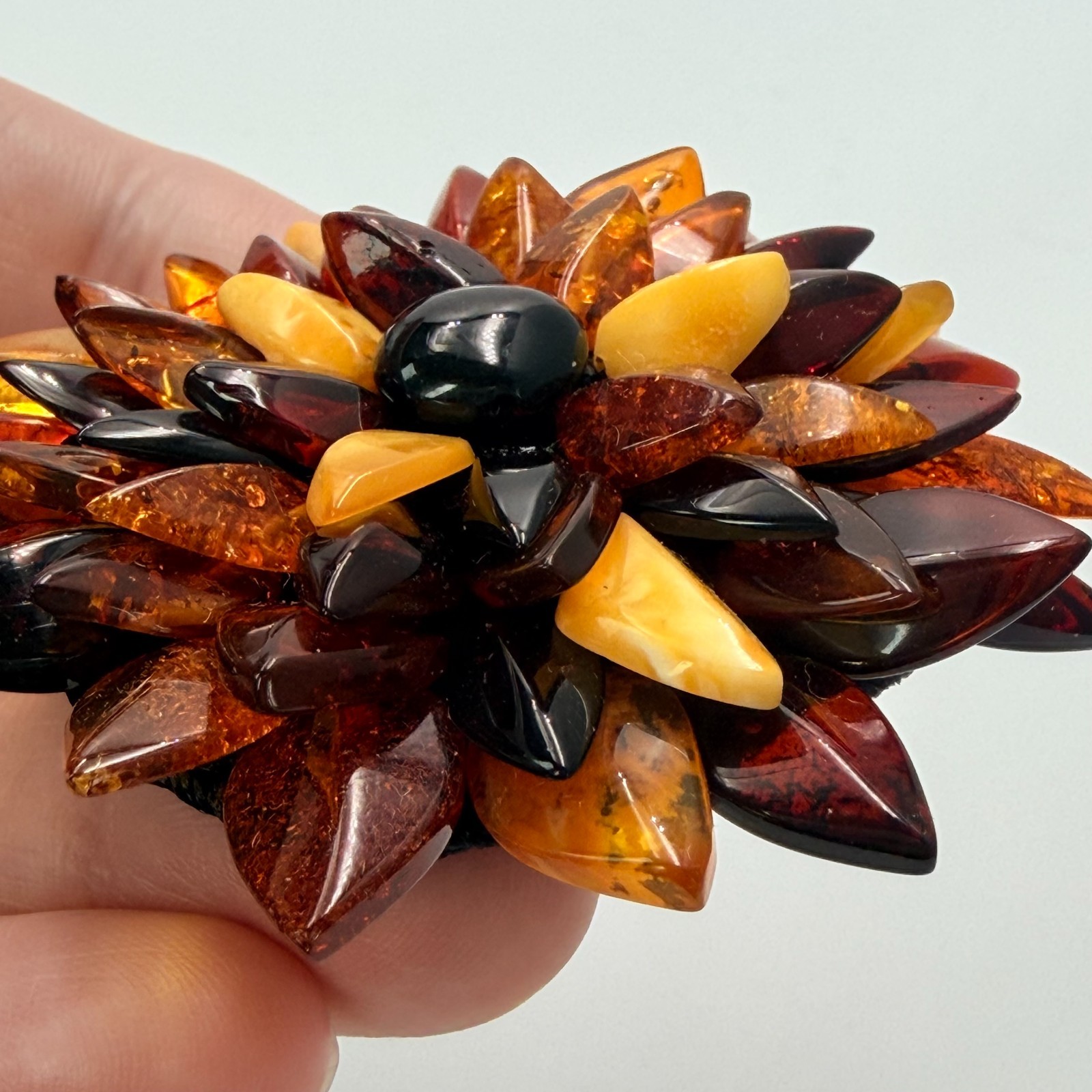 Baltic Amber Flower Crocheted Yarn Backing Pendant Statement Chrysanthemum