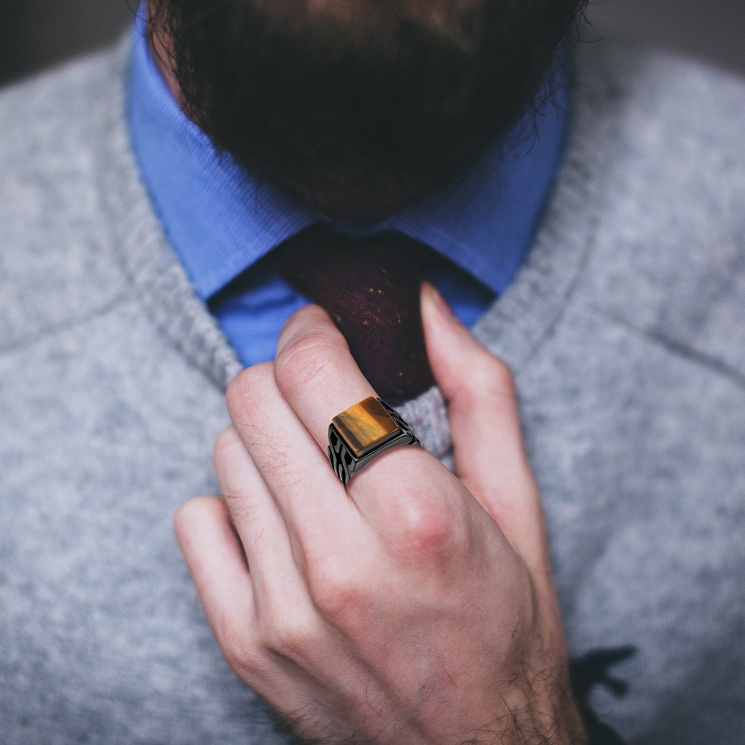 Men Vintage Square Tiger Eye Stone Signet Ring Stainless Steel Biker Band 7-14