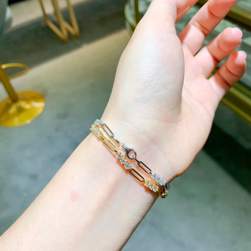 3mm Round Real Moissanite Women Paper Clip Chain Bracelet 925 Sterling Silver