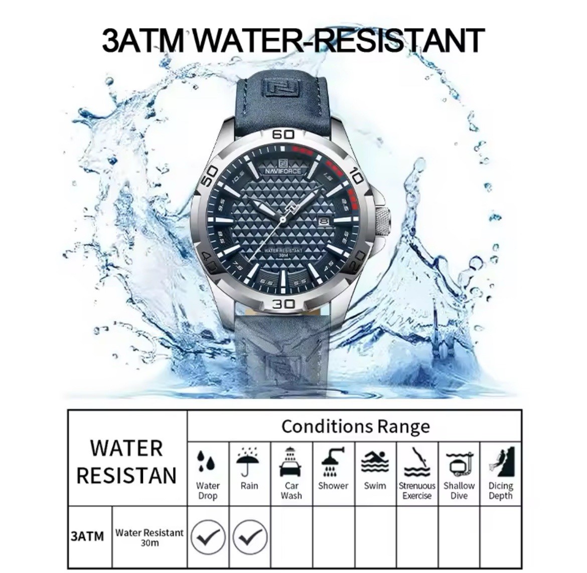 Naviforce Men’s Quartz Analog Watch Blue Dial Date Water Resistant Leather Strap