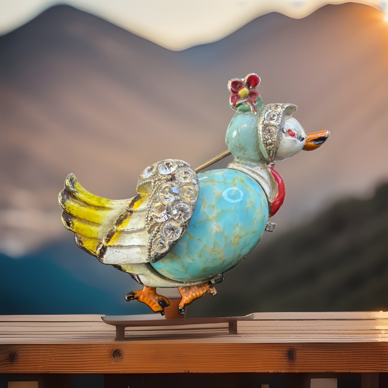 Vintage Coro Duck Broch Mottled Blue Glass ,Rhinestone Wings Enamel Feet 1 3/4