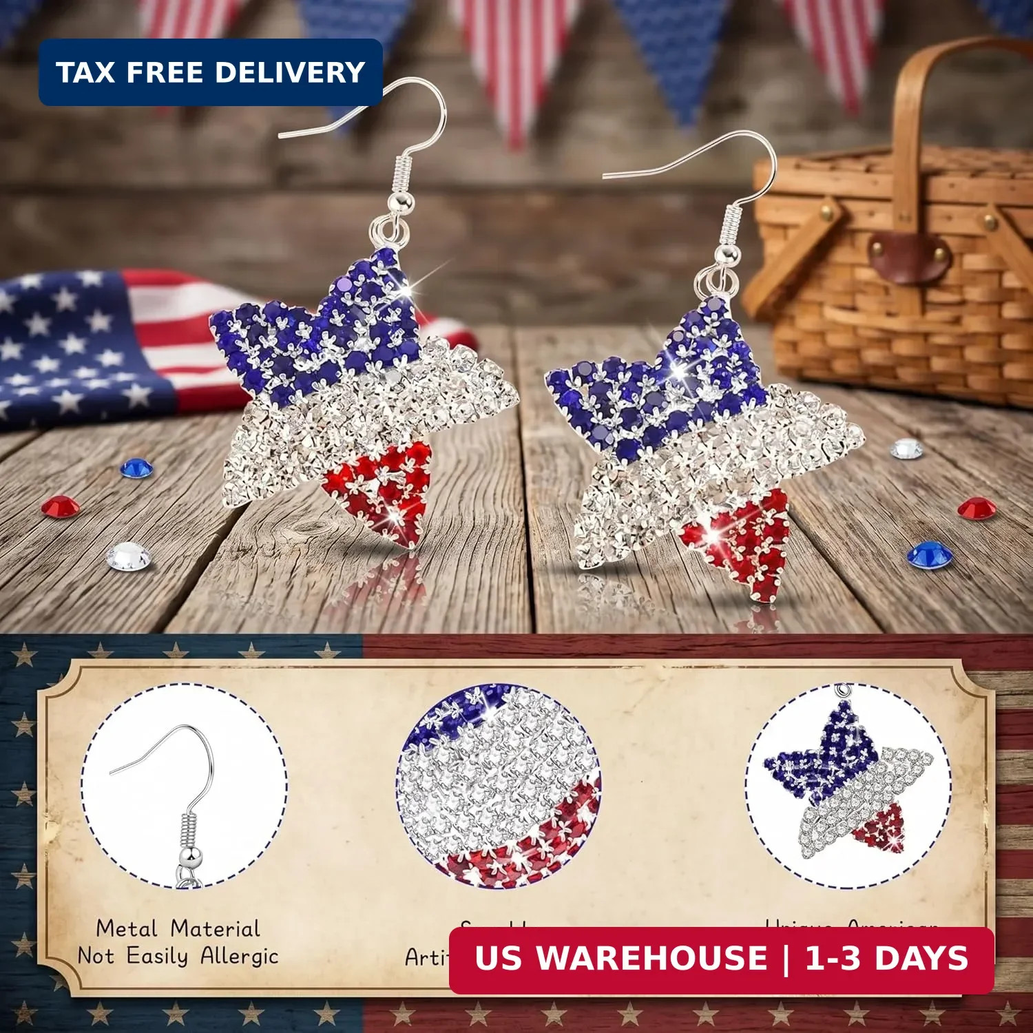 4th of July Patriotic Earrings Stud Dangle Drop Jewelry Gift for Women USA