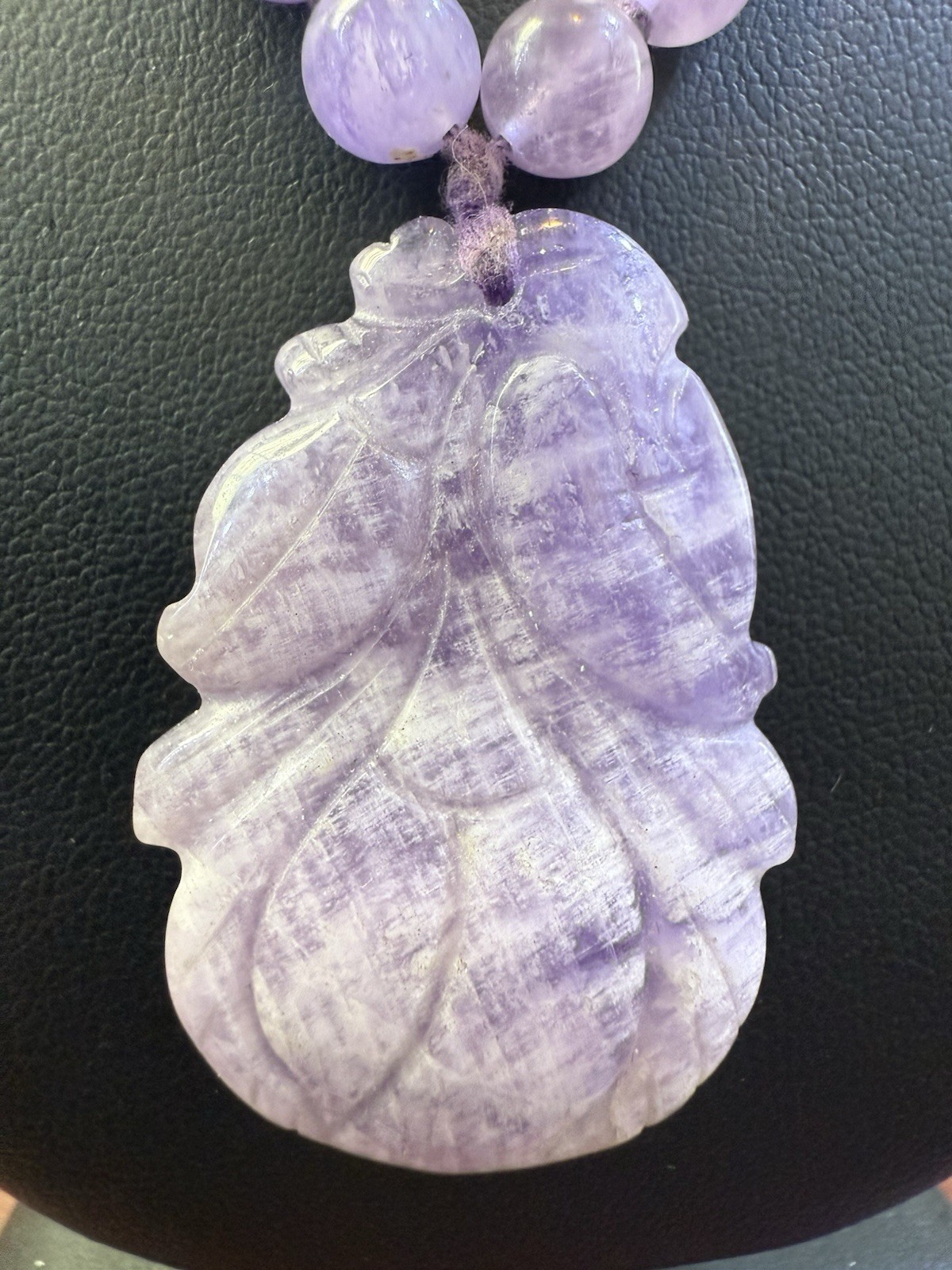 Vintage Chinoiserie Lavender Jade 8mm Bead Necklace 32” Gourd Pendant