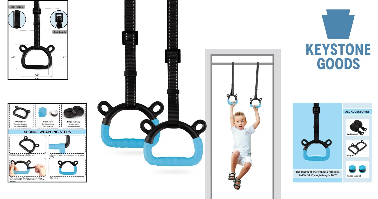 Kids Gymnastic Rings with Adjustable Straps, 220lb Load, Indoor/Outdoor Use