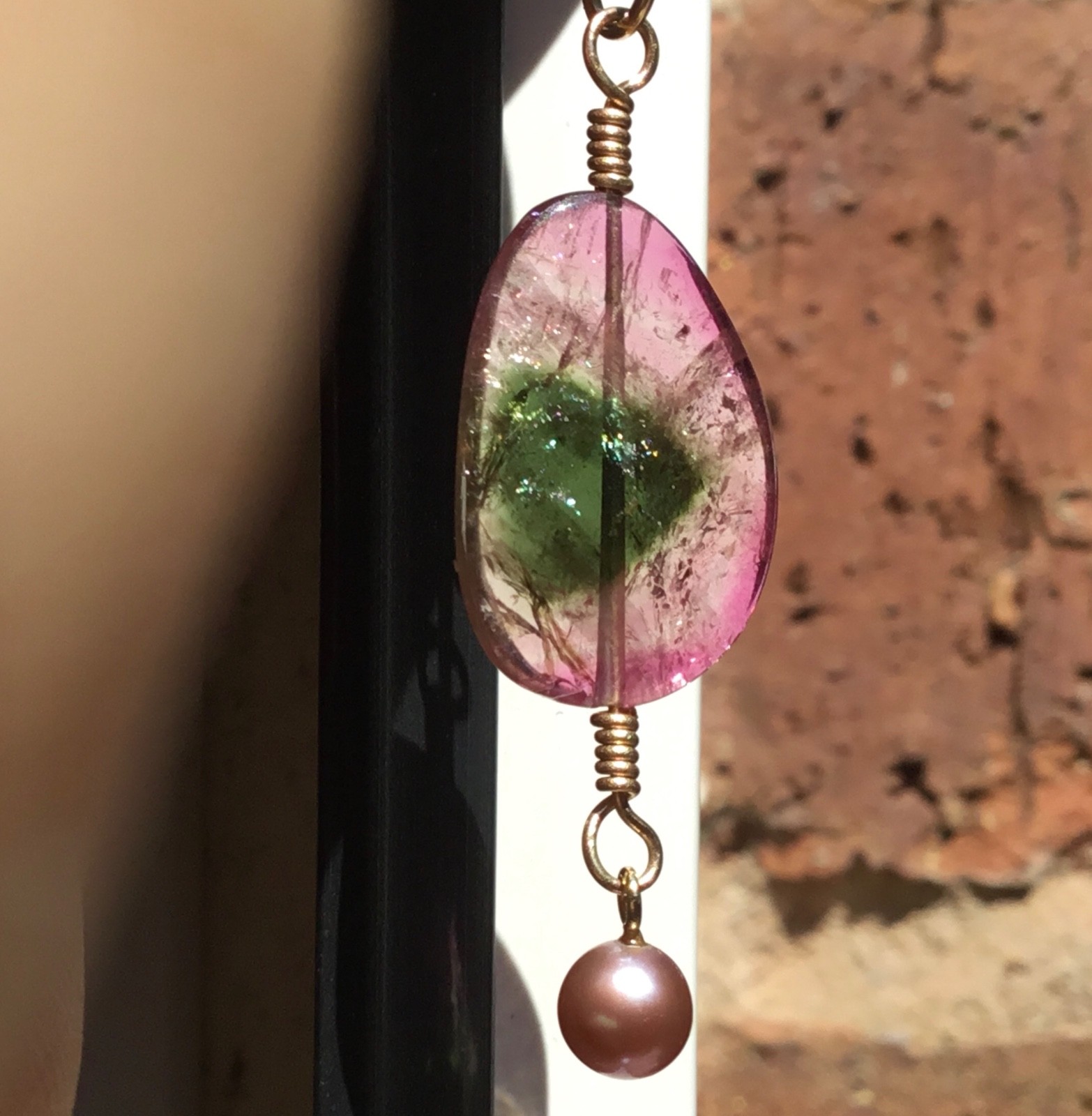 Solid 9ct gold tourmaline slice pendant 9k 375