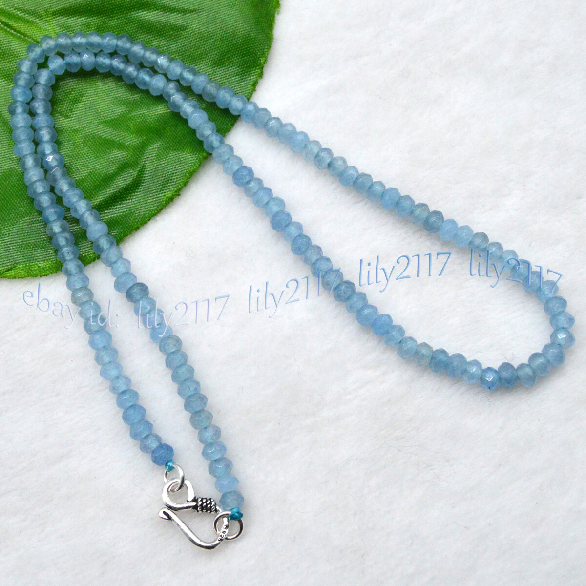 2x4mm Natural Light Blue Jade Faceted Gems Roundel Beads Necklace Silver Clasp