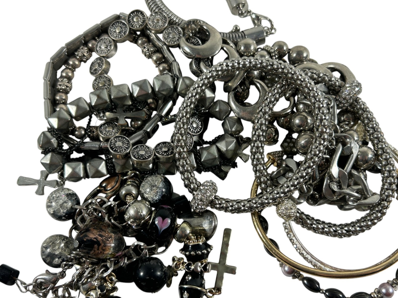 Mixed Lot 15 Silver Tone Bracelets Costume Jewelry Stretch Cuff Beaded Charm