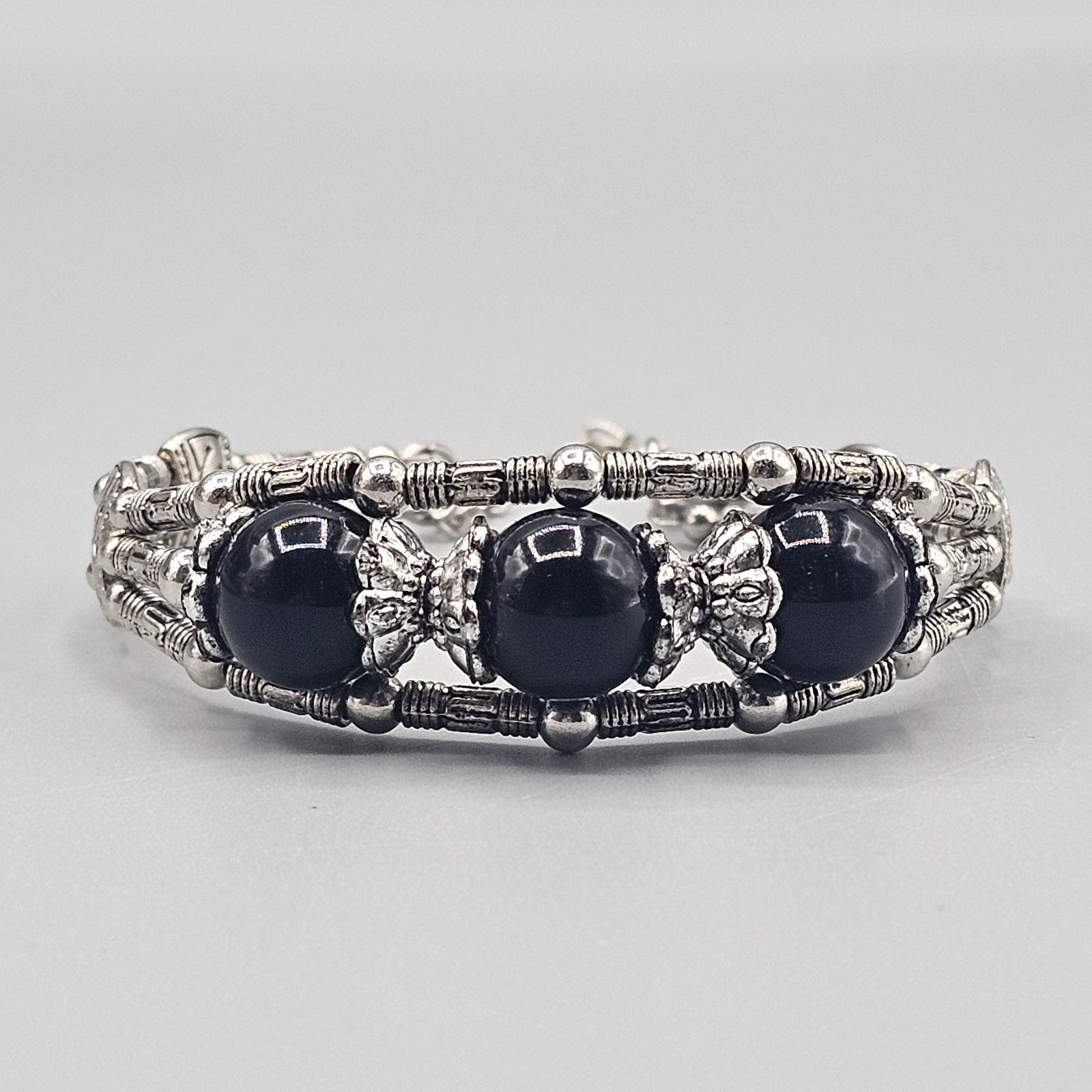 Silver Tone Bali Bracelet Large Black Bead 6.25 – 8 Inch Adjustable Festival