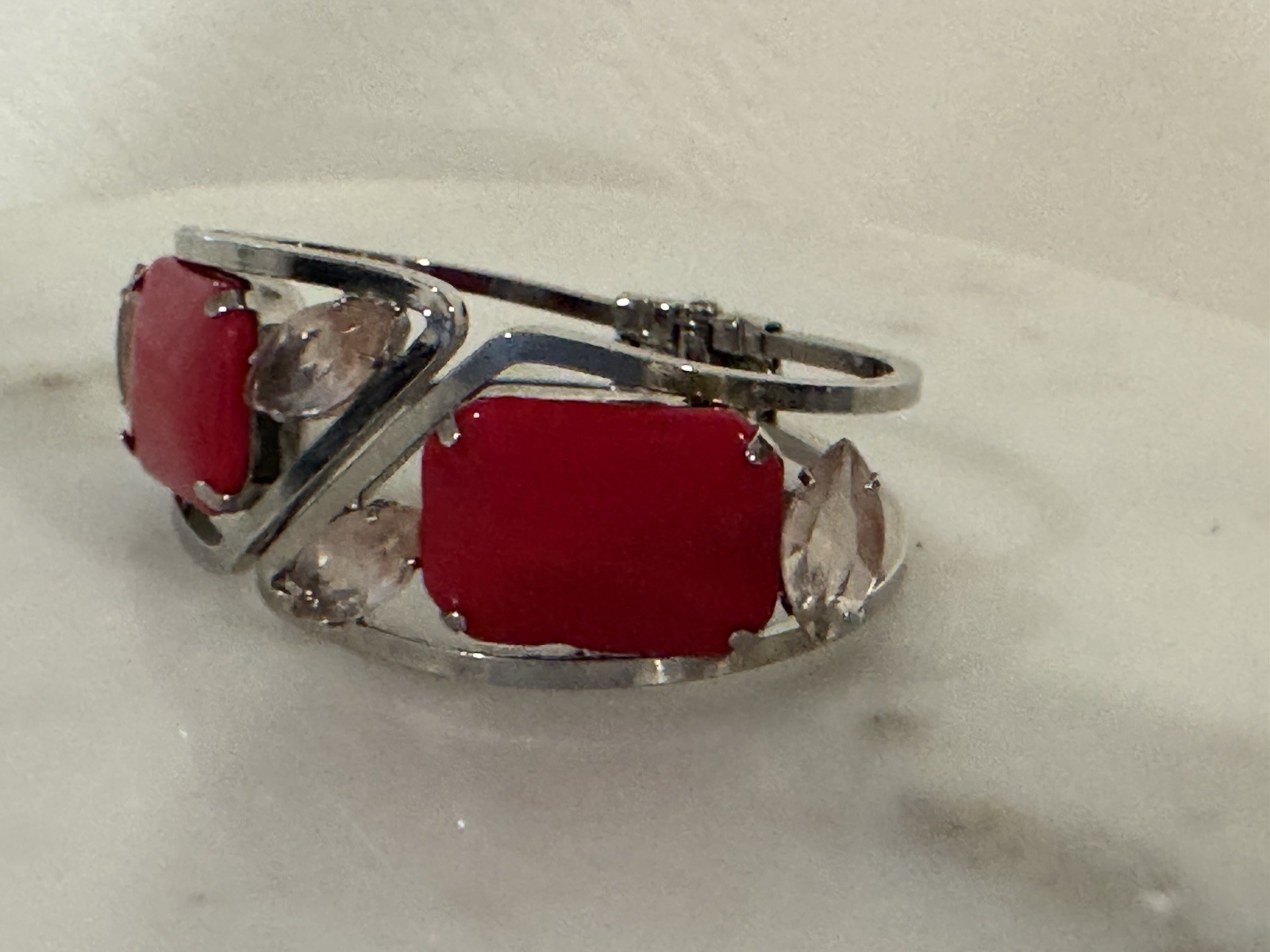 Vintage 80s Cherry Cabochon Rhinestone Clamper Hinged Bracelet 1980s