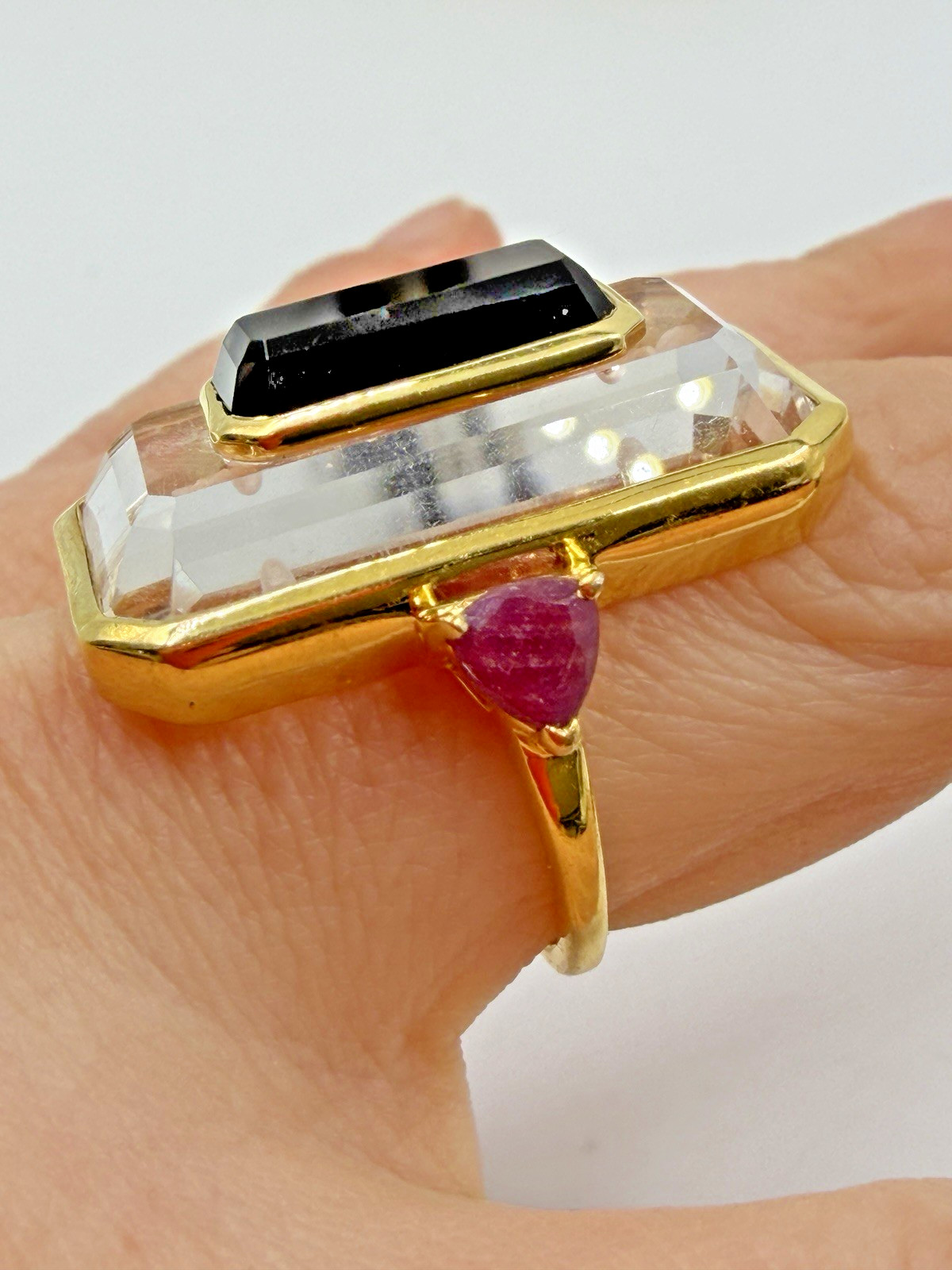 Designer SNS Art Deco Style Clear Ruby Statement Goldplated Sterling 8 PX