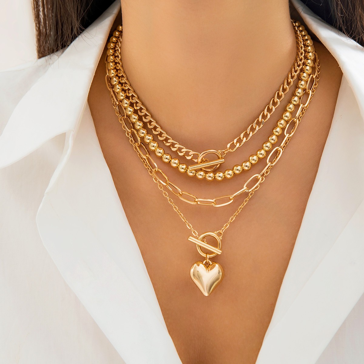3Pcs Heart Pendant Necklace Set Gold Plated Link Choker Women Stack Neck Jewelry