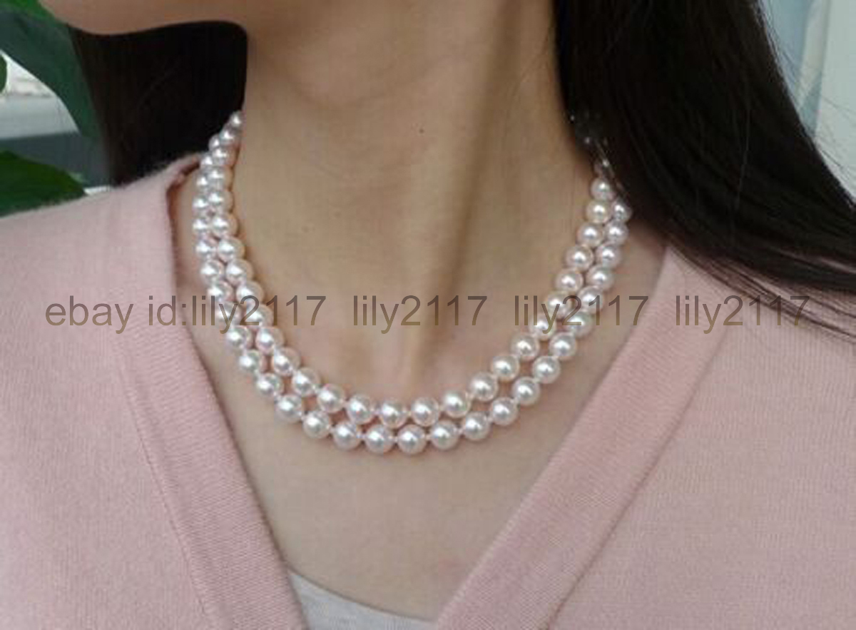 Real 2 strands 7-8mm Akoya natural white round pearl necklace 14KGP 17-18 inches