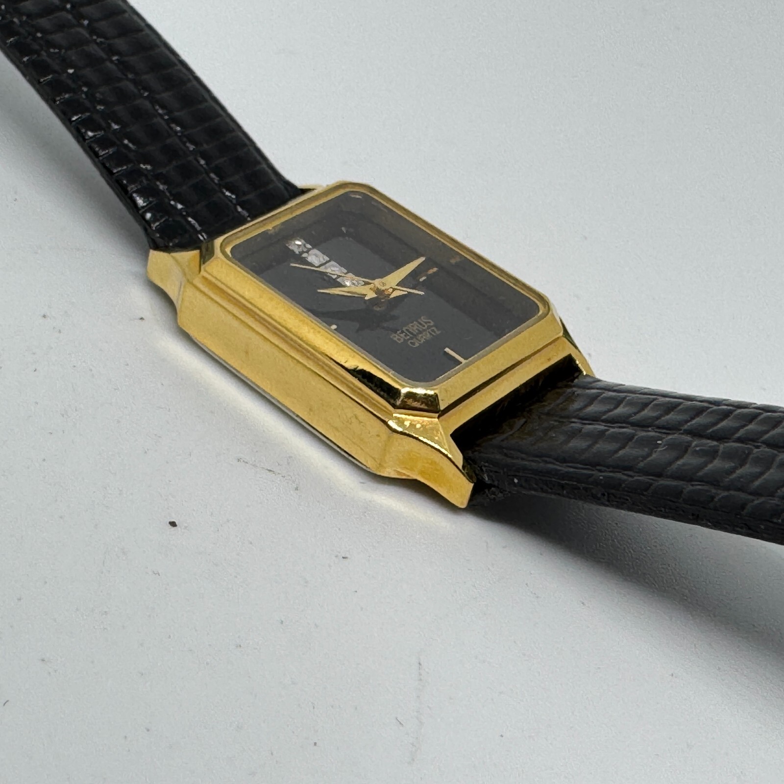 Benrus Quartz Watch Women Gold Tone Diamond Rectangle Leather Analog New Battery