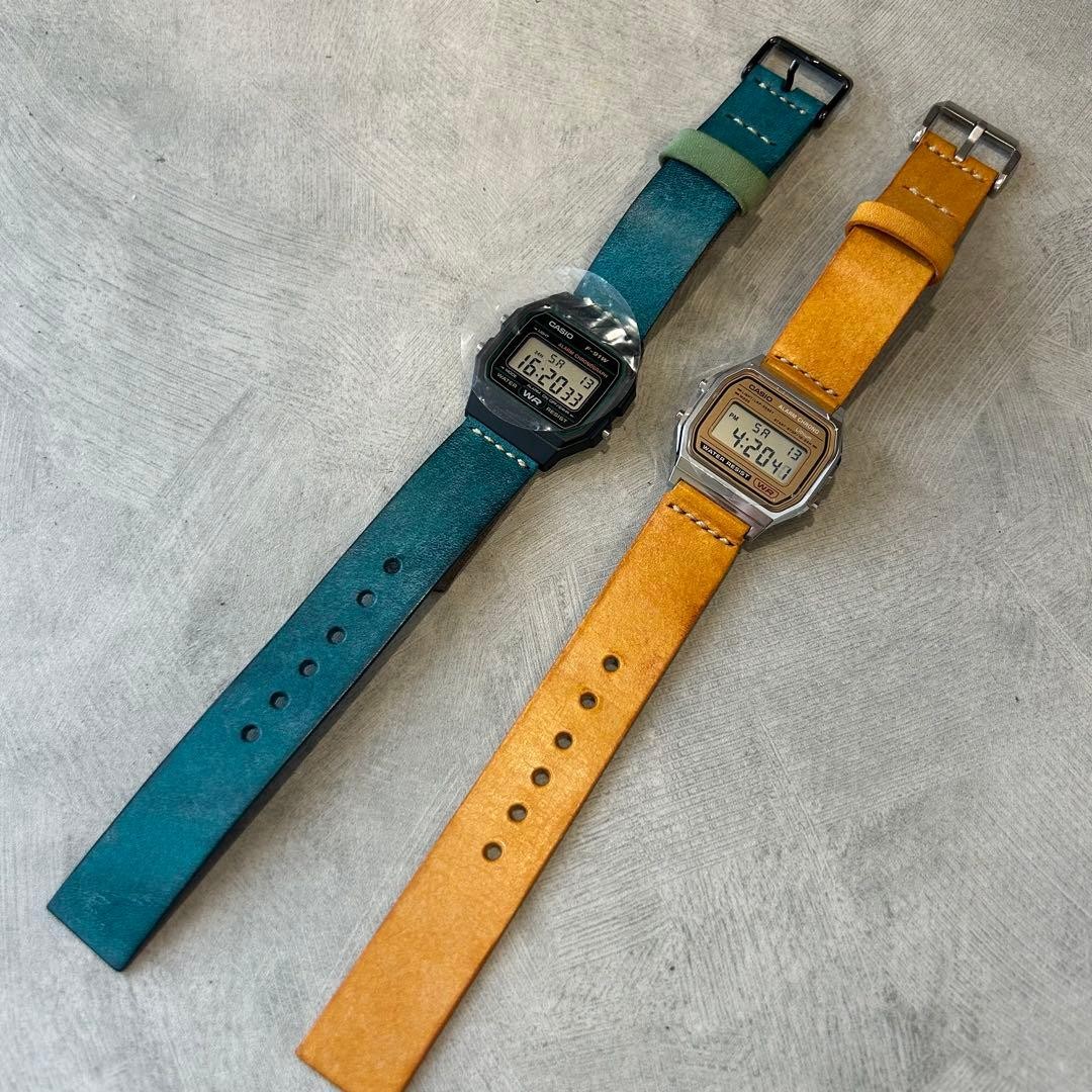 CASIO F 91W leather belt custom Marugo wax turquoise