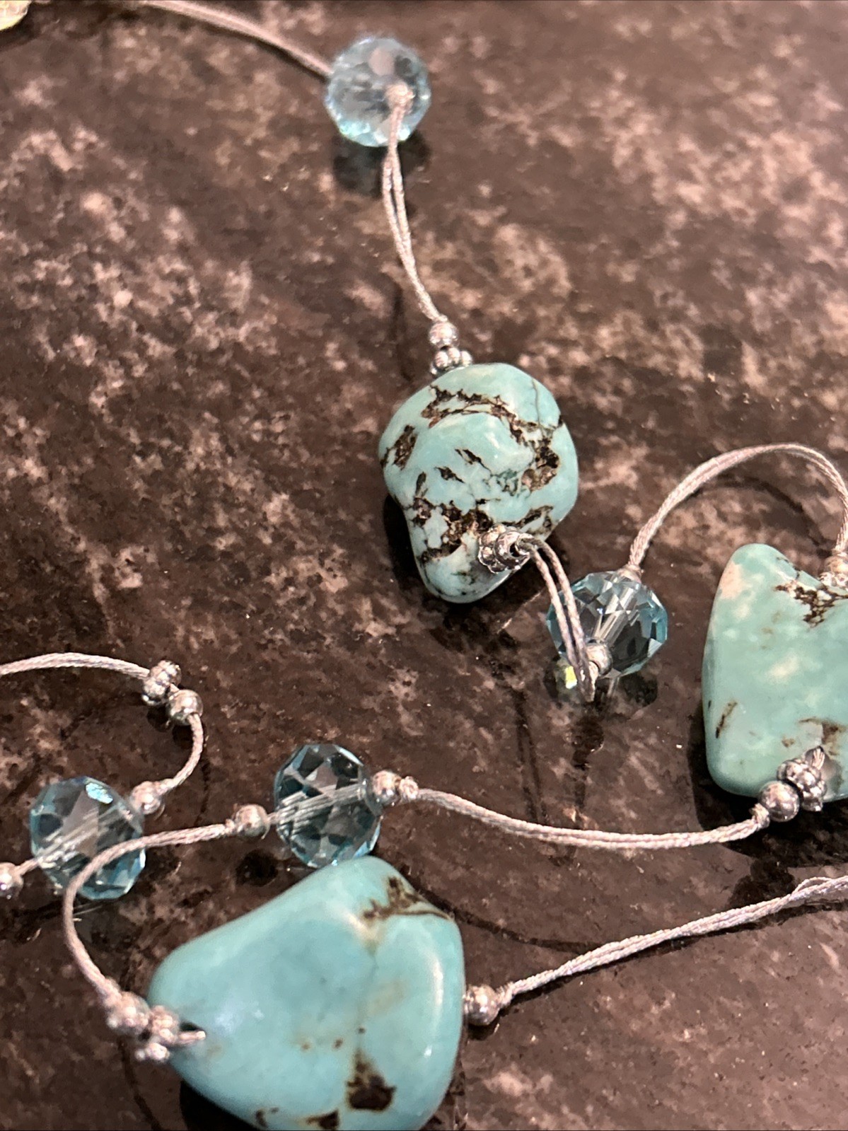 Boutique Turquoise Nuggets w/Crystal Beads Spun Silver Chain Necklace 56” 98.8g
