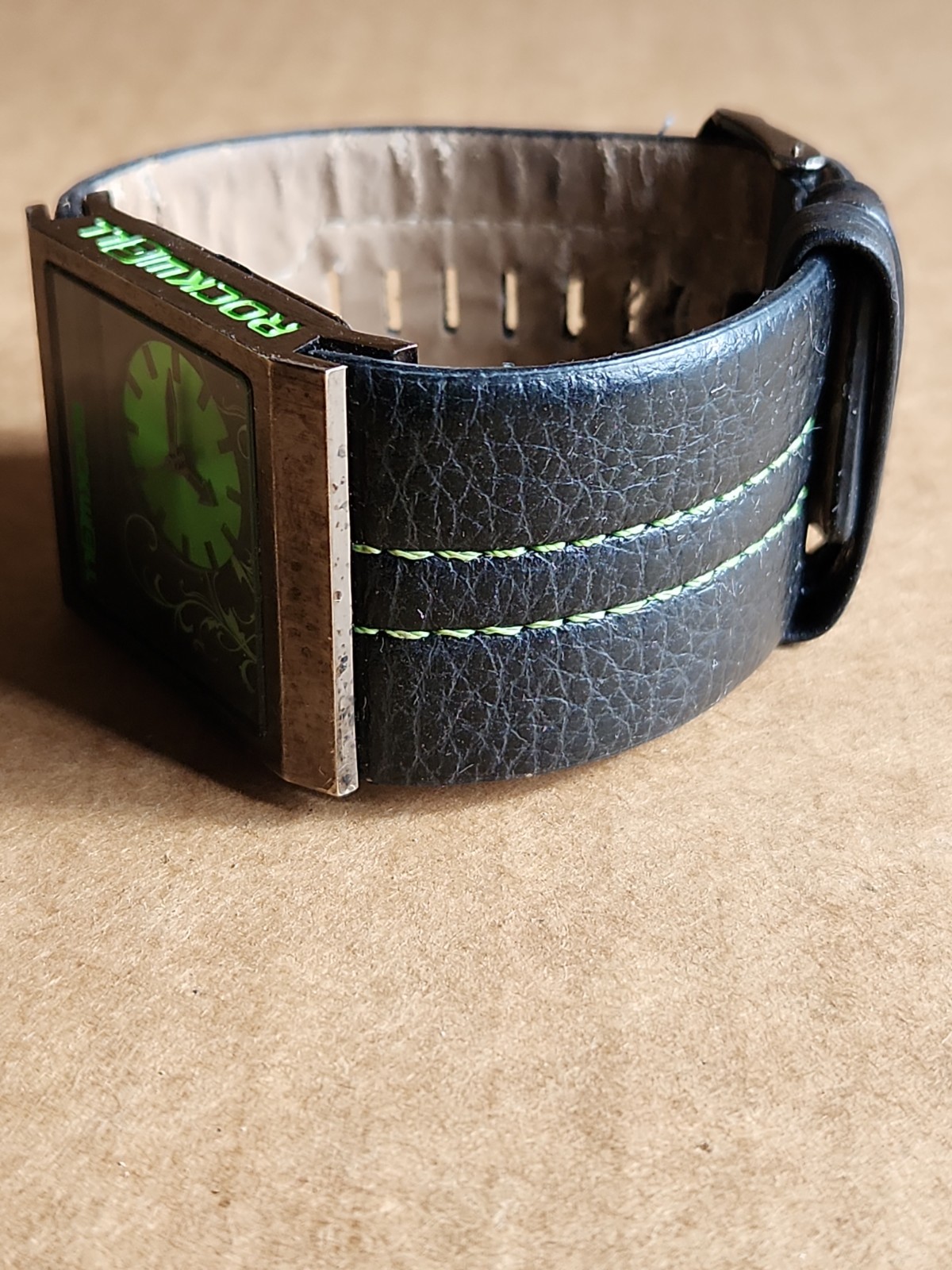 ROCKWELL VOGUE MERCEDES GREEN WRISTWATCH WITH BLACK BAND & NEW BATTERY WORKS