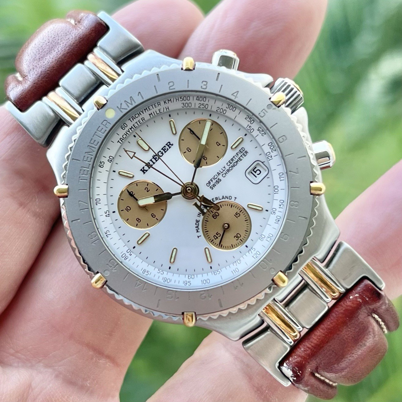 Steel 18K Gold 40mm Krieger Velocita C705 Quartz Double Chronograph Chronometer