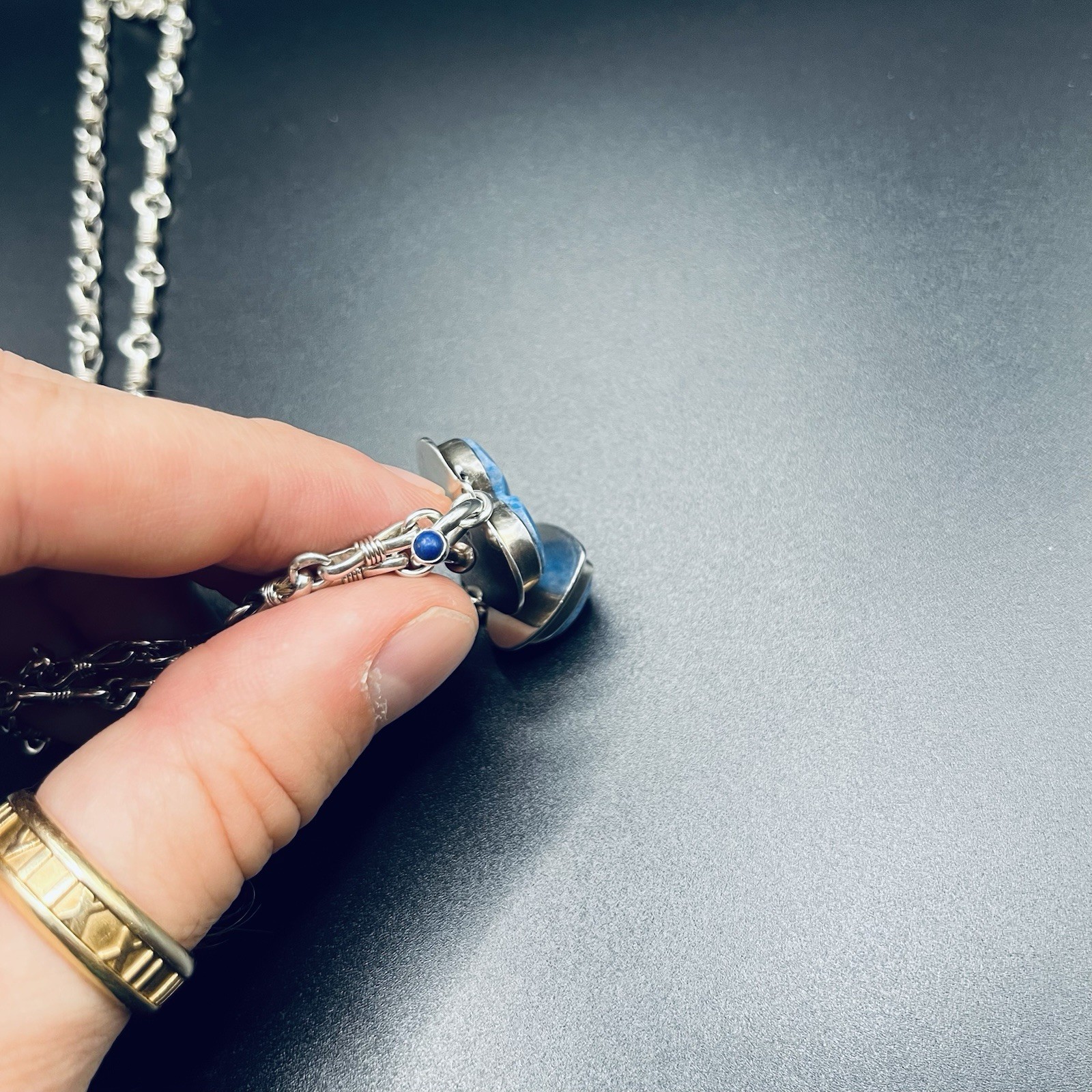 Vintage Navajo Sterling Silver Lapis Lazuli Hearts Necklace 37g Mariner Link