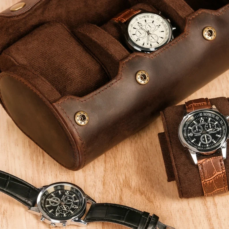 Personalized Leather Watch Case for 3 Watches, Handmade Travel Watch roll,
