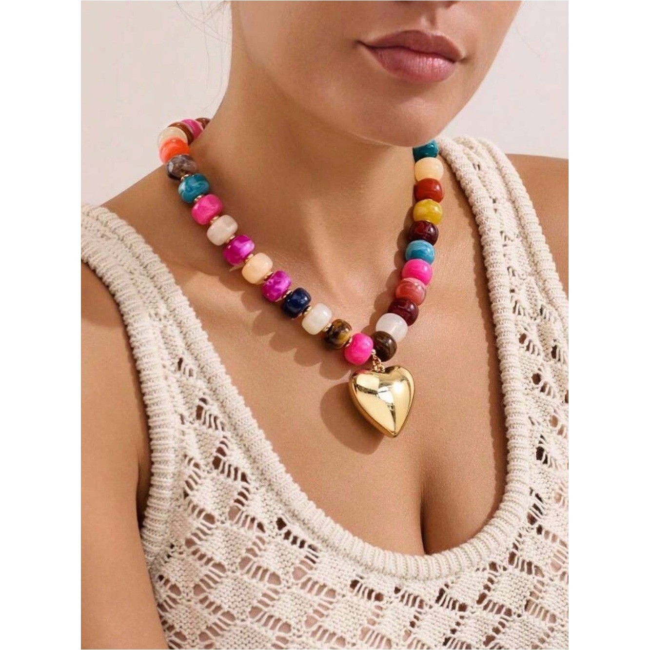 Multi-Color Bead Necklace with Gold Heart Pendant