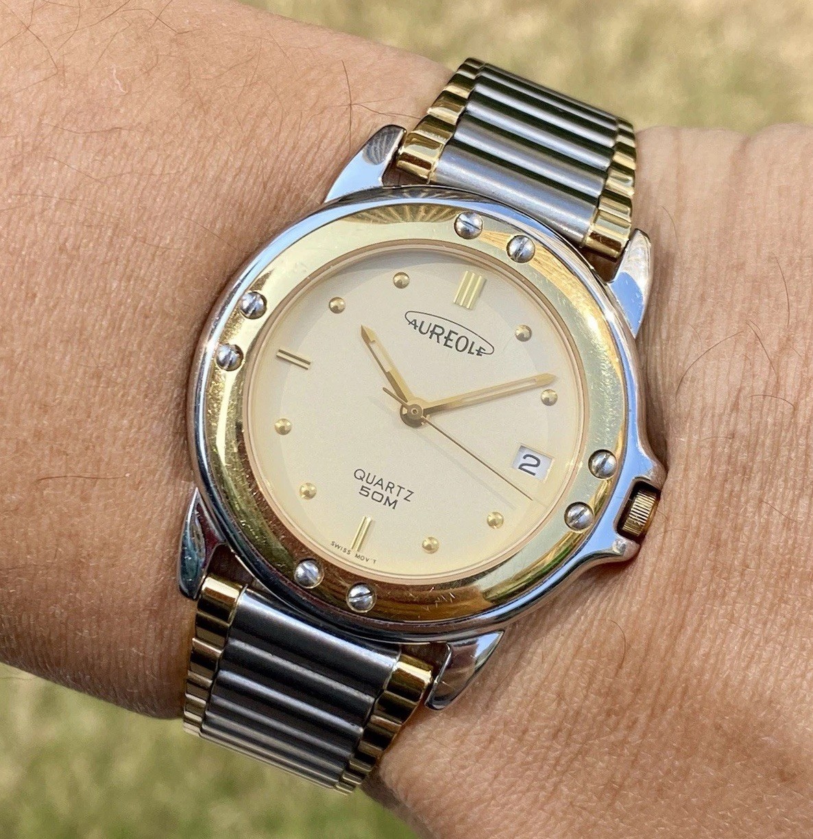 Vintage Aureole Swiss Ronda Quartz Watch 34mm Excellent Condition