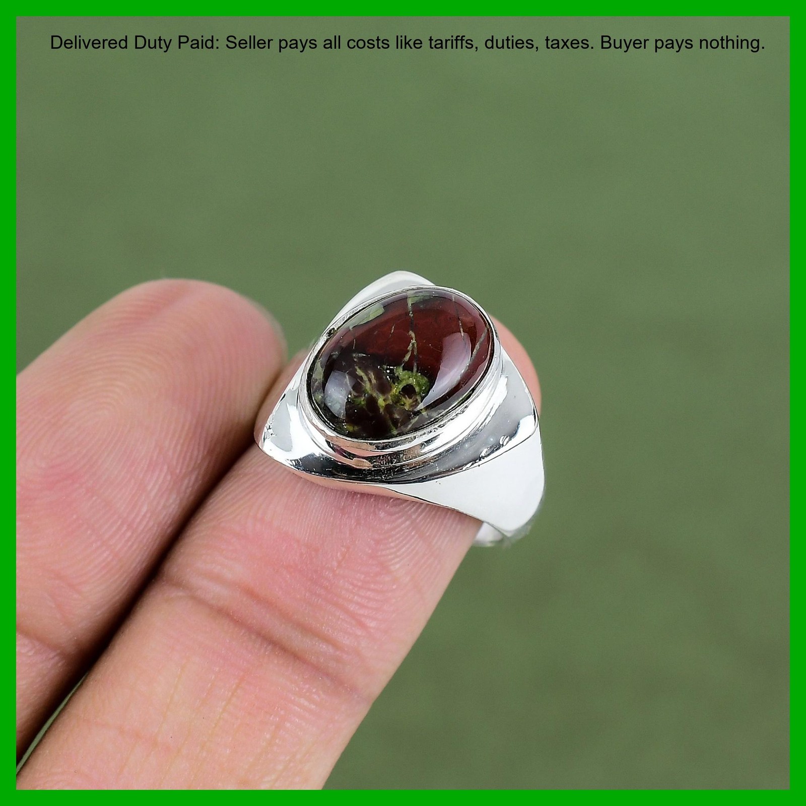 925 Silver Oval Natural Dragon Bloodstone Unique Bezel Artisan Wife Promise Ring