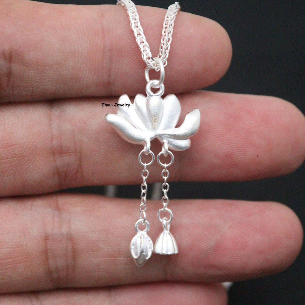 Pure S999 Sterling Silver Pendant Women Lotus Tassels Pendant 3-4g 37*18mm