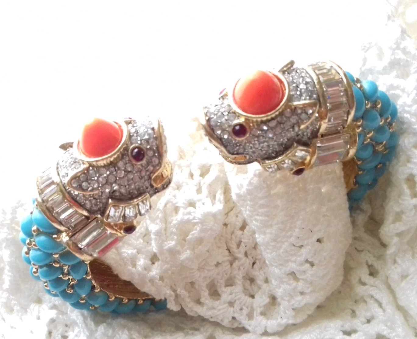 KENNETH LANE KJL KOI FISH GP CUFF/BRACELET TURQUOISE/CORAL CABS RED/ICE CRYSTALS